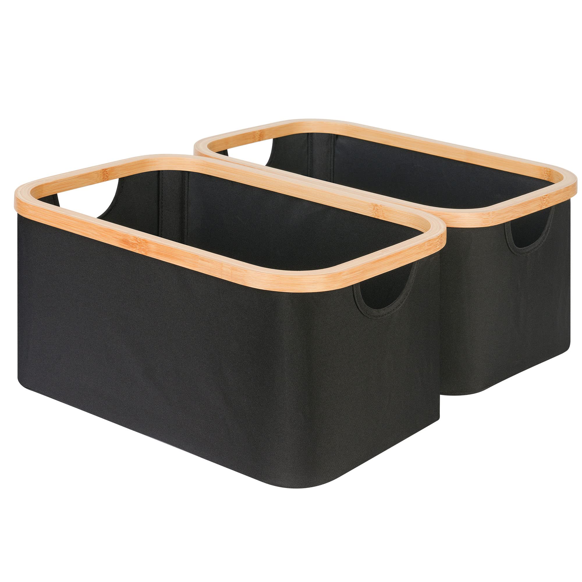 Collapsible Fabric Storage Baskets with Bamboo Handles - Set of 2 Black Organizing Bins for Shelves, Closet & Home Organization - Perfect for Bedroom, Nursery & Laundry Room Storage