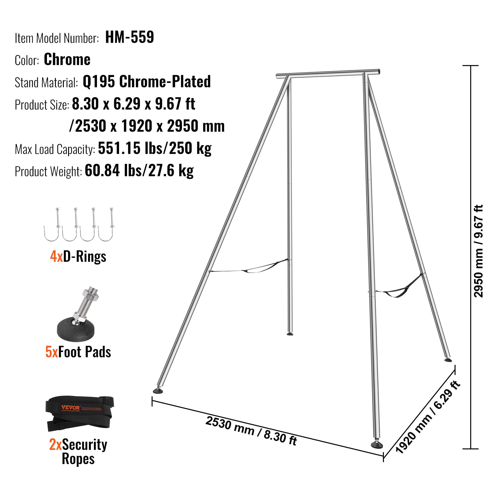 VEVOR 9.67ft Aerial Yoga Swing Stand - 551 lbs Capacity Chrome Steel Yoga Frame for Inversion & Yoga Sling | Indoor/Outdoor Aerial Yoga Equipment for Home, Studio & Gym Workouts