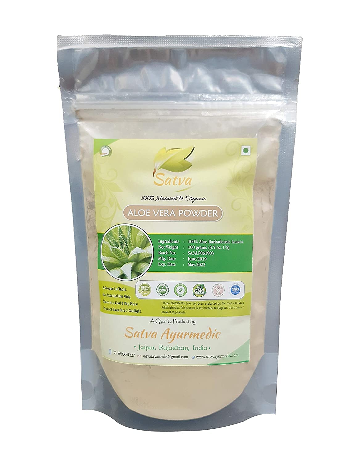 Organic SATVA Aloe Vera Powder 100% Pure Aloe Barbadensis Leaf Extract (3.5 oz / 100g) - Skin Care, Hair Growth, Detox & Digestive Health Supplement - Perfect for Smoothies, Face Masks & Natural Remedies