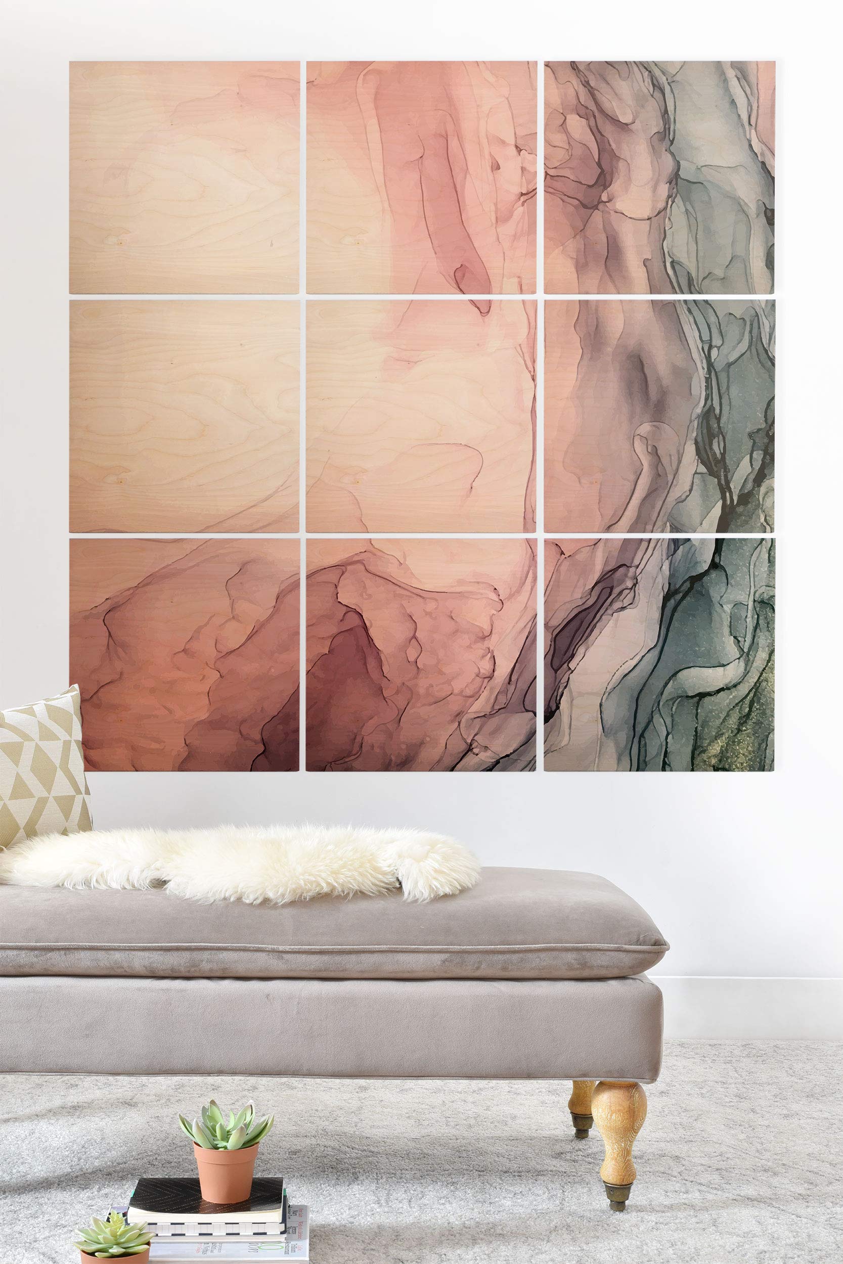 Elizabeth Karlson Blush and Blue Dream 1 - Original Painting Wood Wall Mural 4'x4' - Modern Abstract Art for Living Room, Bedroom & Office Decor
