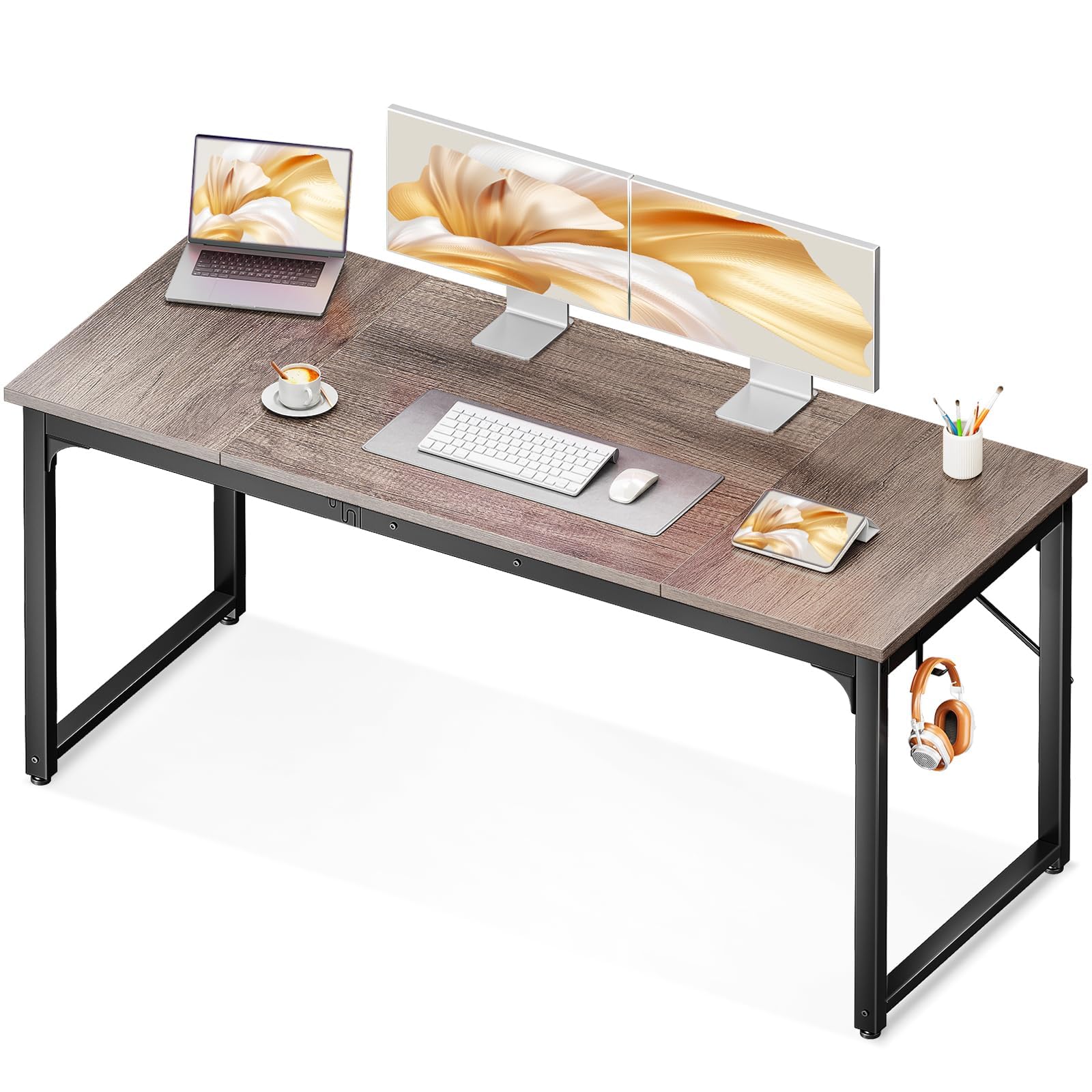 Coleshome 63 Inch Modern Computer Desk - Home Office Desk with Sturdy Metal Frame, Grey Oak Finish, Study & Writing Desk for Students & Professionals | Perfect for Small Spaces, Remote Work & Online Learning