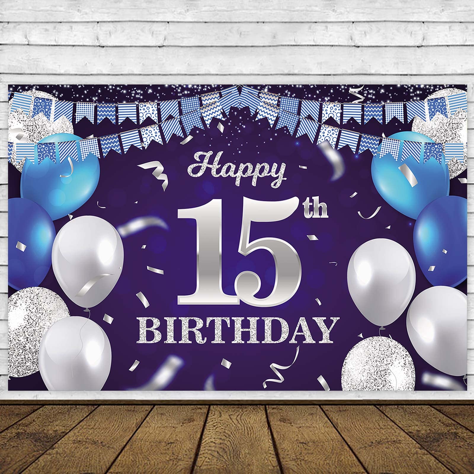 Happy 15th Birthday Banner Backdrop - Navy Blue Balloons with Confetti & Glitter Silver Stripes - Cheers to 15 Years Party Decor for Girls & Boys - Perfect for Birthday Celebrations, Sweet 16 Prep & Milestone Photo Backdrops
