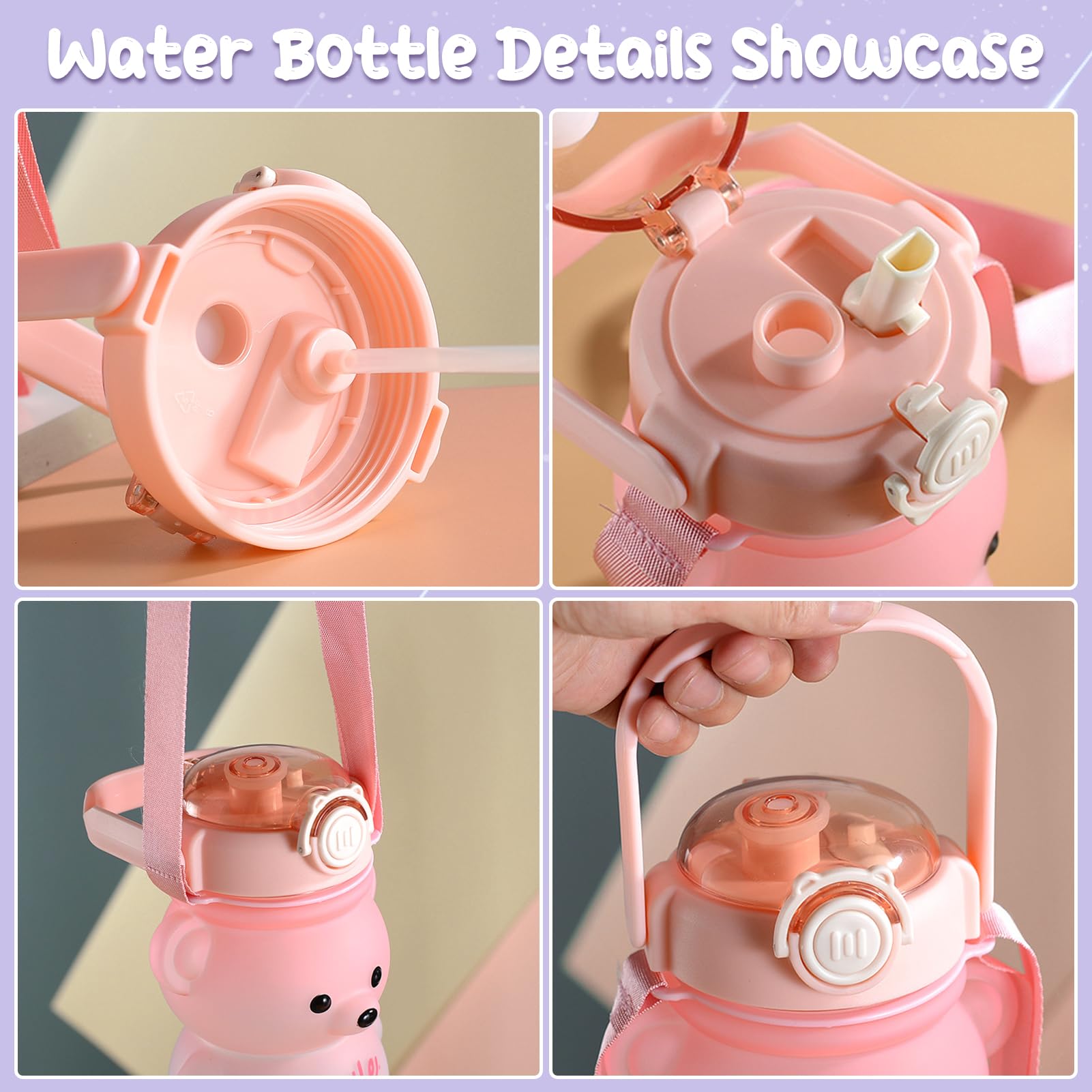 CLWVPCOT 32oz Bear Water Bottle with Straw & Strap - Cute Kawaii Teddy Bear Leak-Proof Water Bottle for Girls & Kids - Perfect for School, Travel, Sports & Outdoor Activities (Pink)