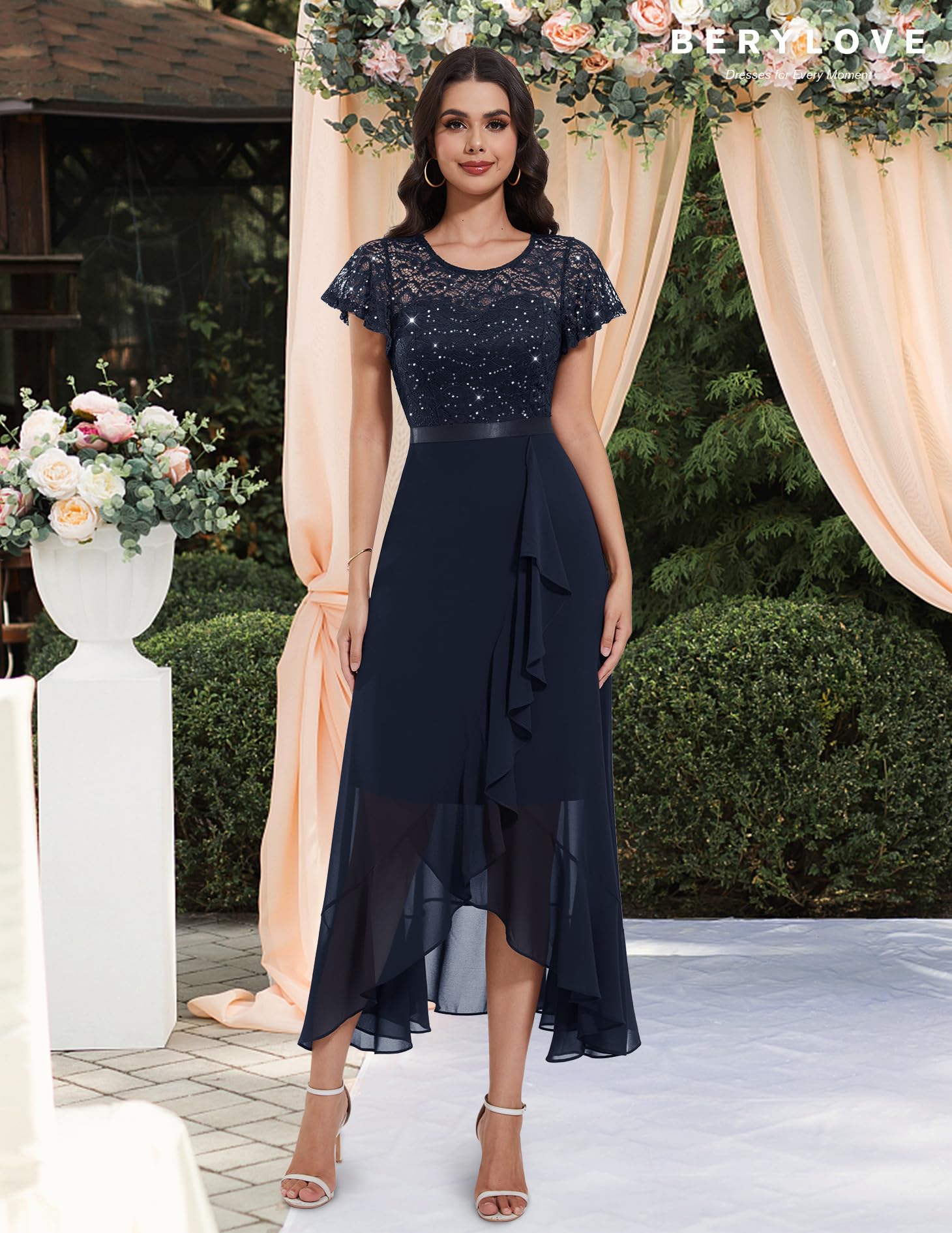BeryLove Elegant Lace Long Prom Dress for Women - 2025 Wedding Guest Cocktail Dress with High Slit | Perfect for Formal Events, Evening Parties & Special Occasions