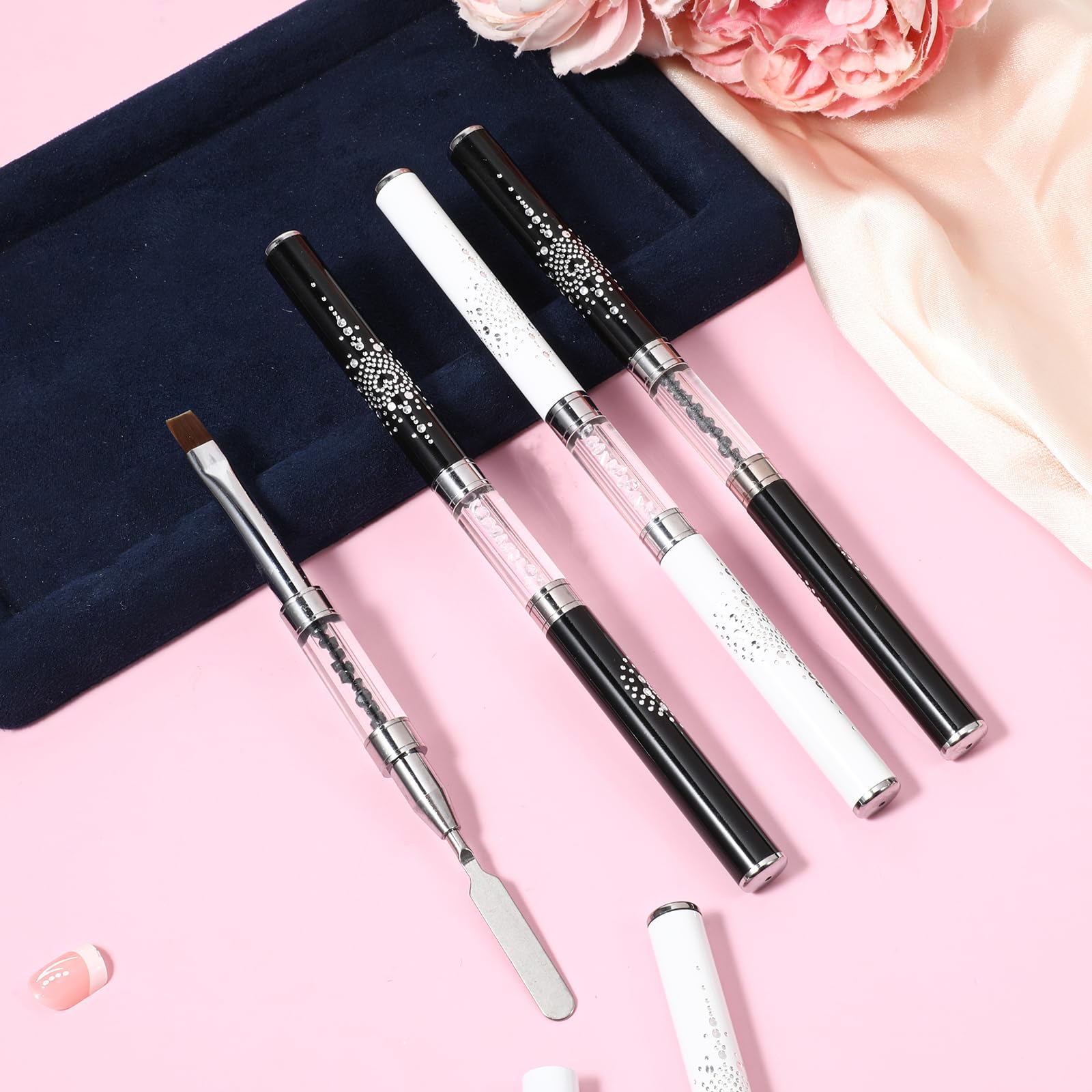4pcs Dual-Ended Professional Nail Art Brushes - Builder Gel Brush & French Tip Liner with Rhinestone Handle for Hard Gel, Manicure & Nail Design | Perfect for Salon, Home DIY & Professional Nail Artists