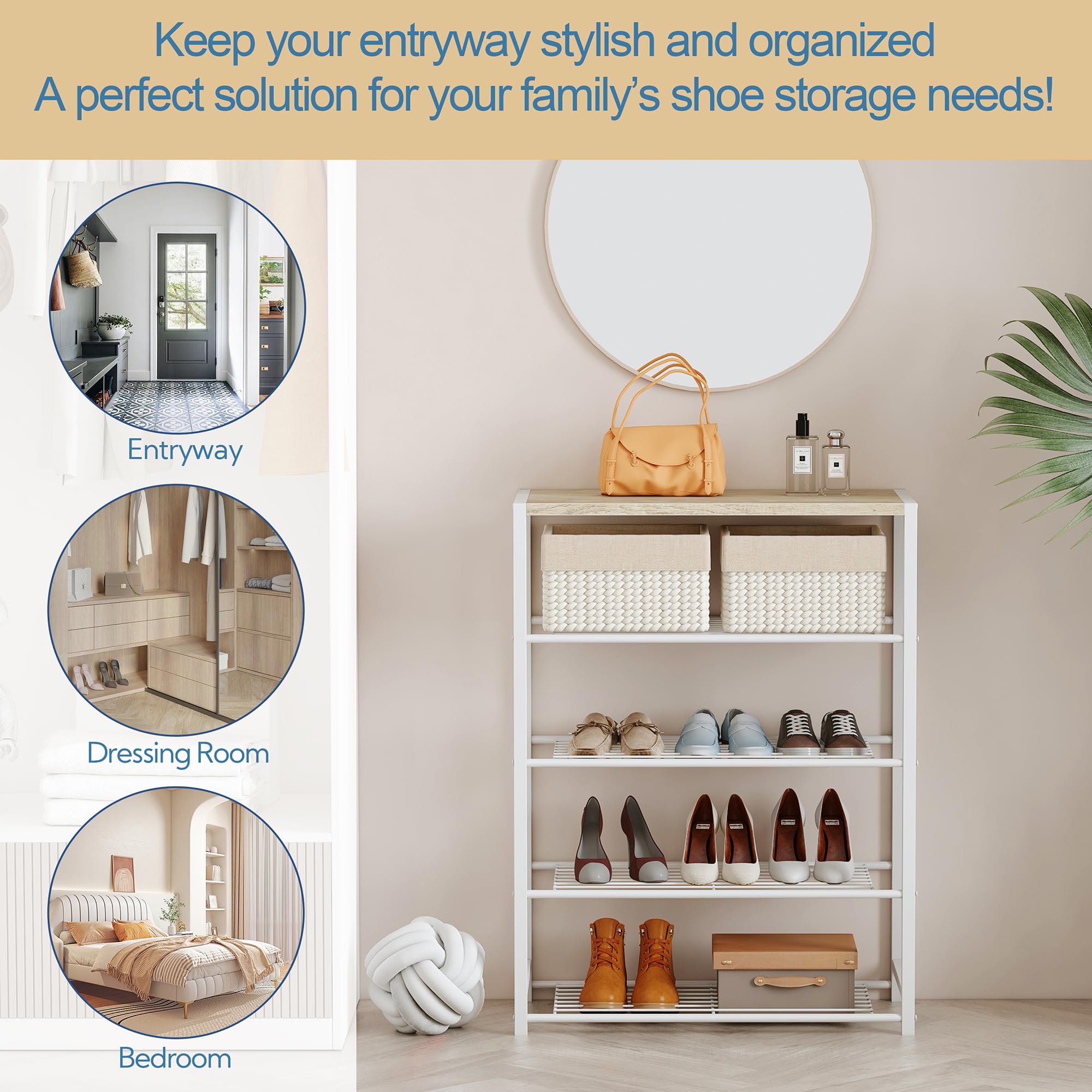 5-Tier Industrial Shoe Rack Organizer - Narrow Sturdy Metal Shoe Storage Shelf for Closet & Entryway - Space-Saving Shoe Display for Home & Office (White)
