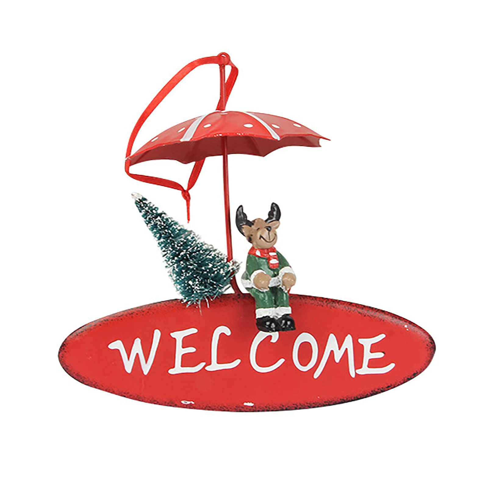 ALXFFBN Wrought Iron Christmas Welcome Hanging Sign - Reindeer & Umbrella Design Holiday Door Decor, Xmas Tree Ornament, Wall Art for Home, Office, and Gift Giving - Festive Red Holiday Decoration for Indoor and Outdoor Use