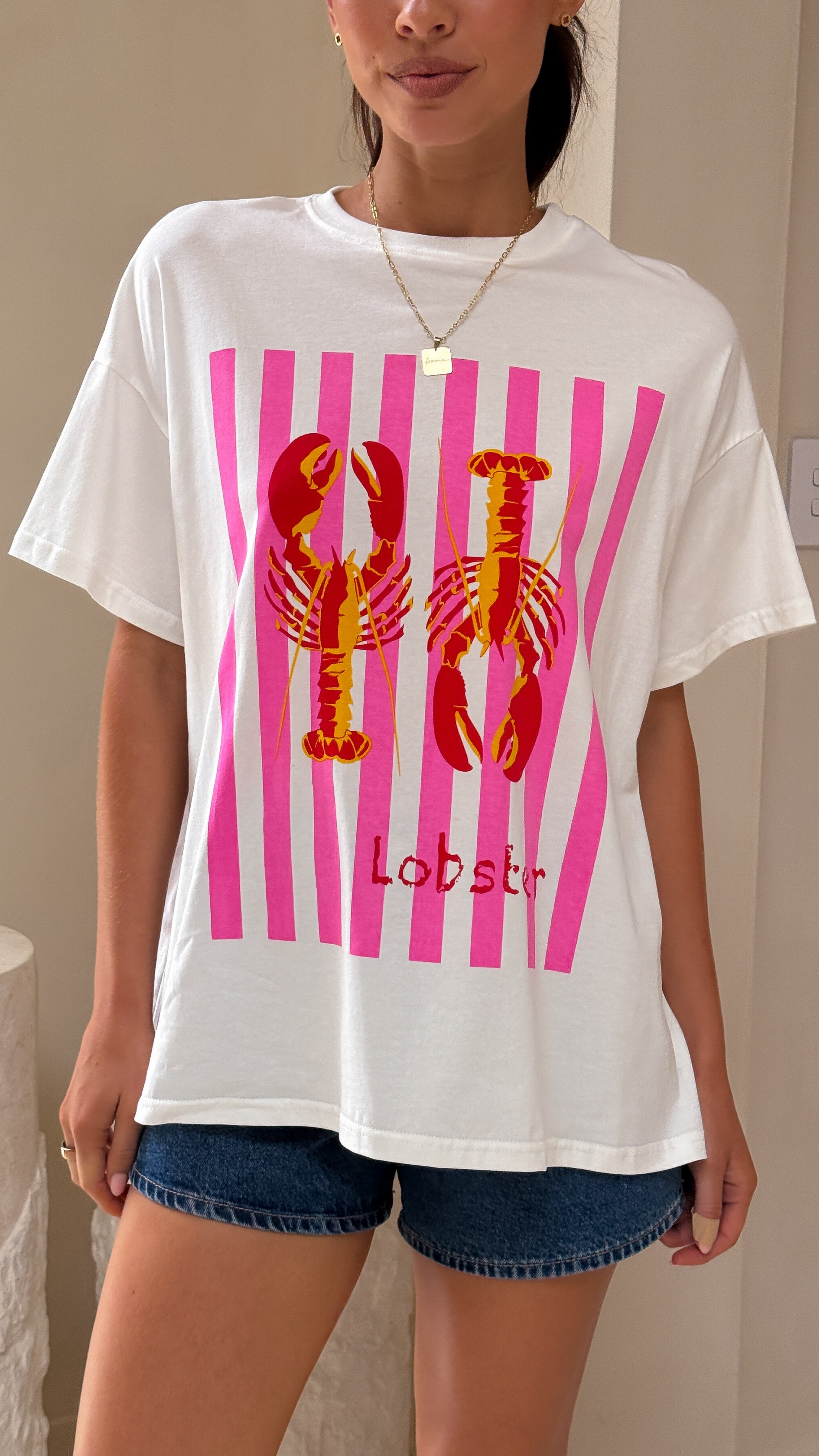 Stylish Lobster Print T-Shirt for Men & Women - Soft Cotton White & Pink Tee - Casual Wear, Beach Outfit, Summer Fashion