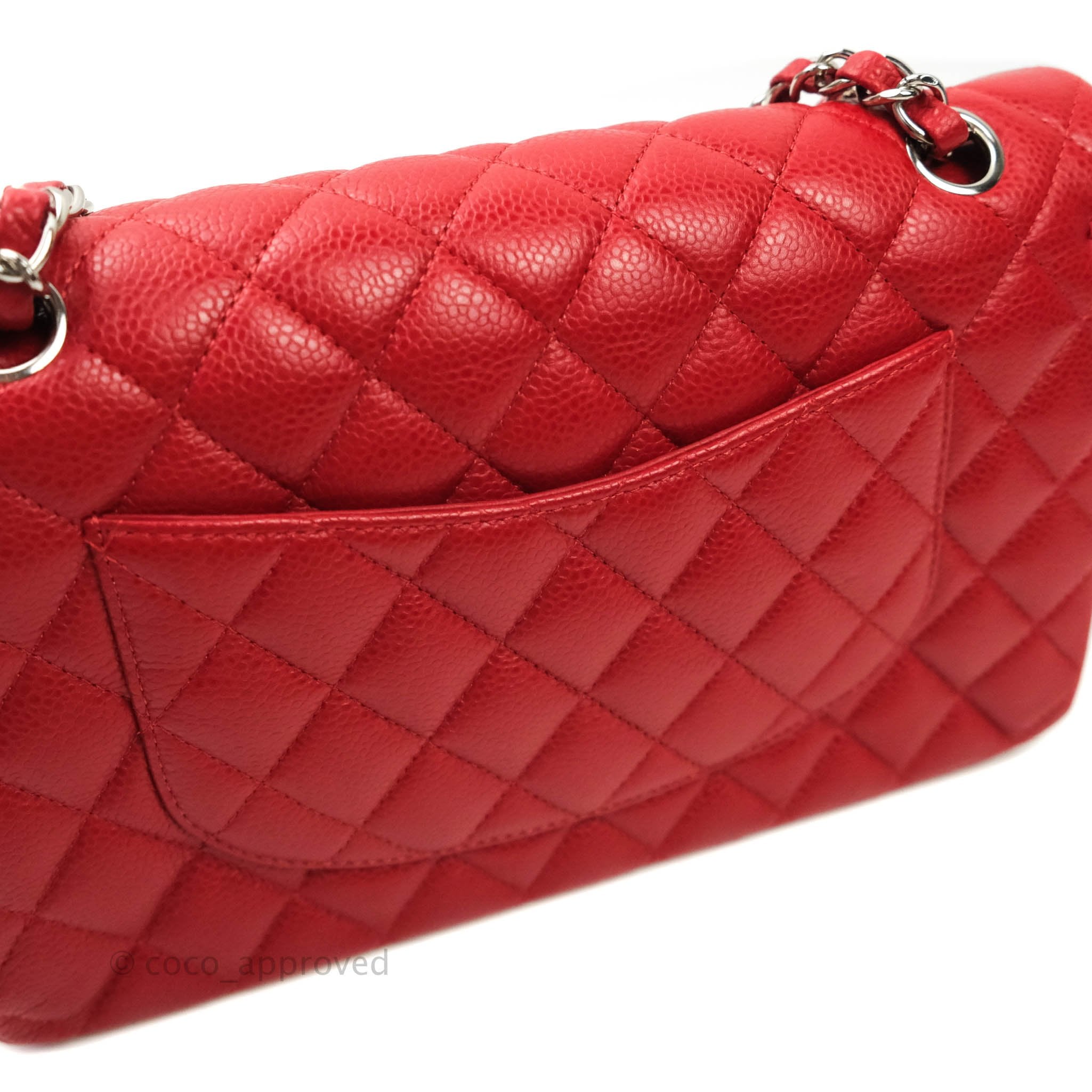 Chanel Classic Medium Double Flap Bag in Red Caviar Leather with Silver Hardware - Luxury Designer Handbag for Women, Perfect for Parties, Work & Everyday Use