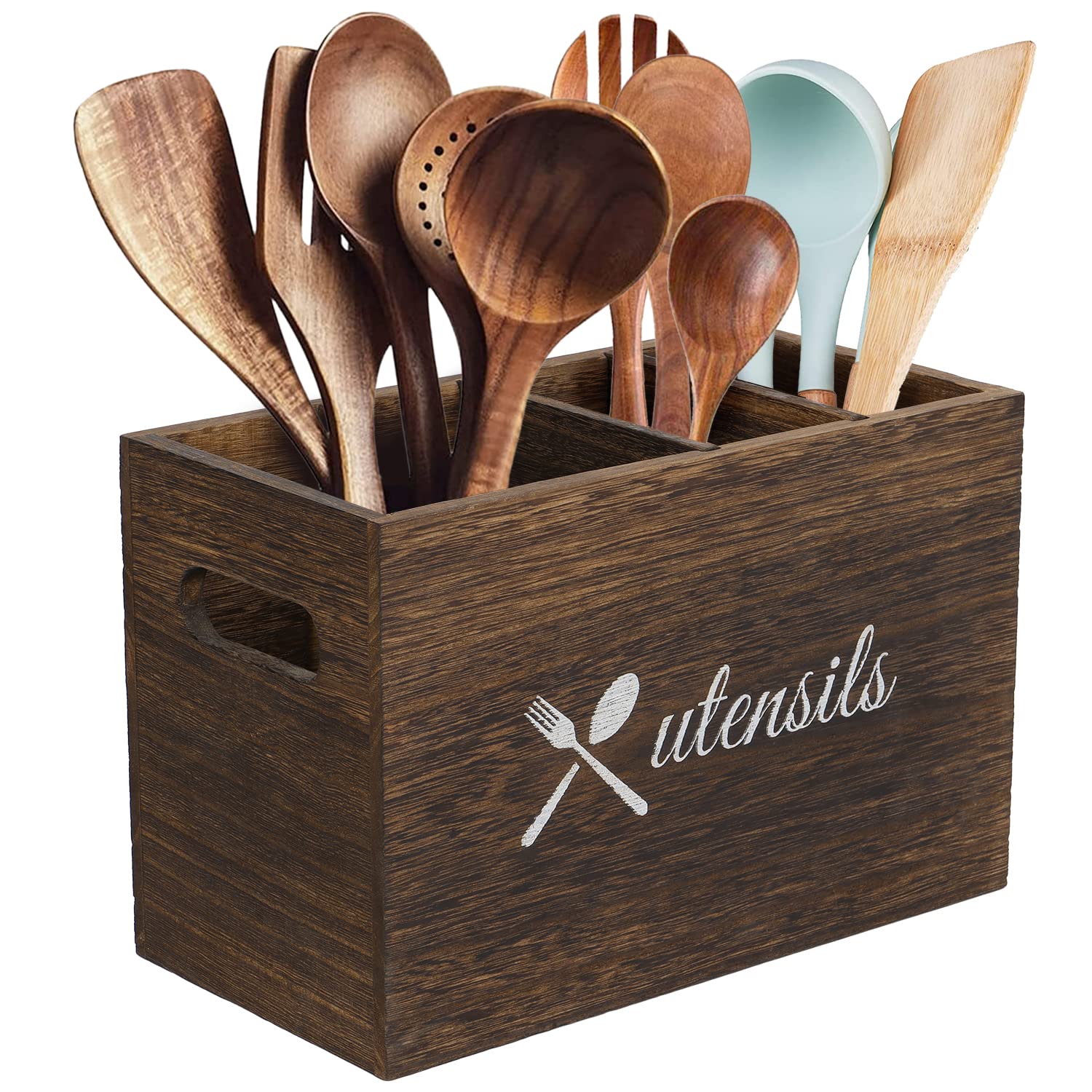 Wooden Kitchen Utensil Holder Organizer with 4 Adjustable Dividers - Farmhouse Silverware Storage Caddy for Countertop & Wall Mount - Perfect for Spoons, Forks, Knives & Cooking Tools - Ideal for Kitchen Organization & Rustic Home Decor