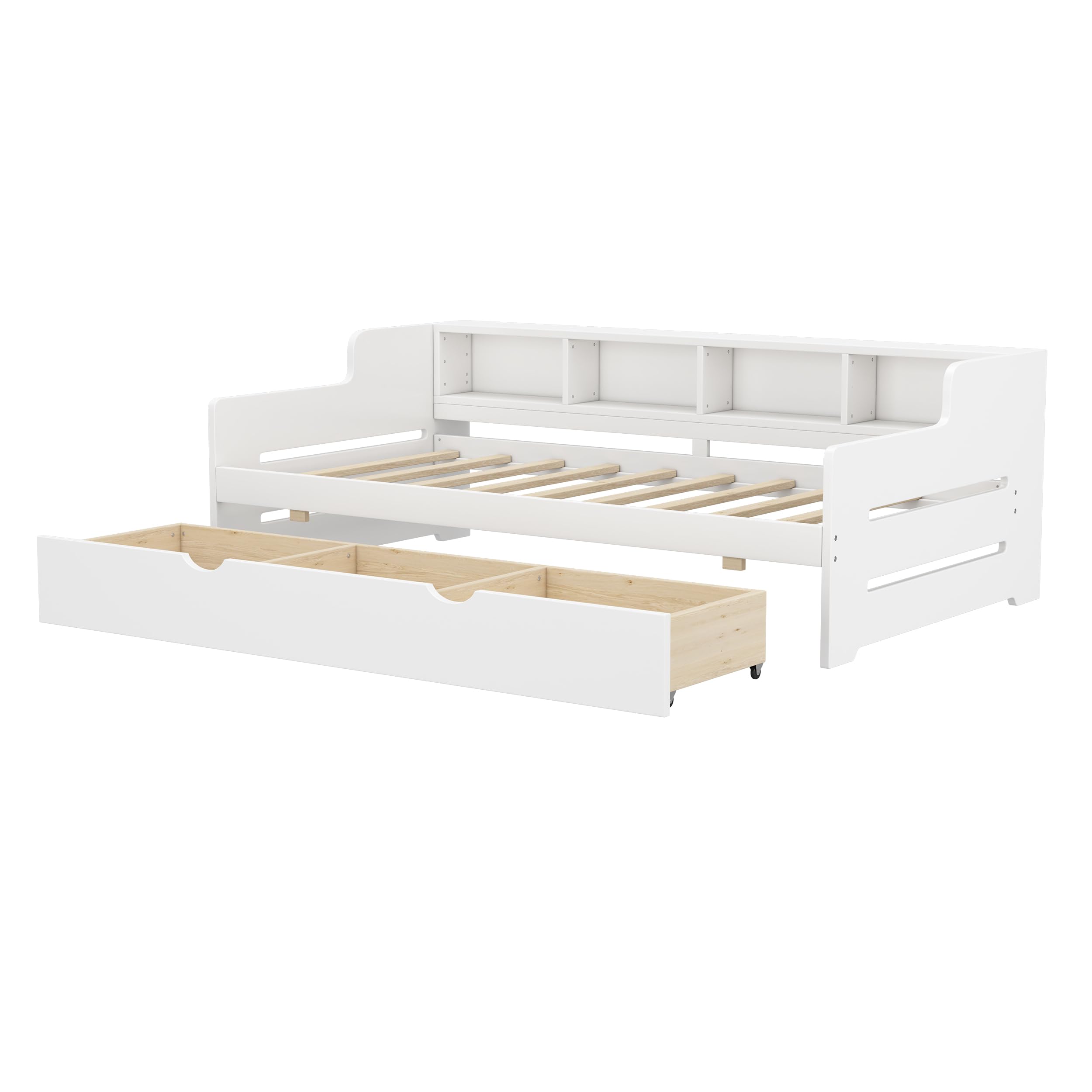 SOFTSEA Twin Size Daybed with Storage - Wooden Daybed with Drawers & Bookcase Headboard for Kids & Teens - 3-in-1 Drawer Twin Platform Bed for Living Room, Guest Room, Dorm or Small Space - White