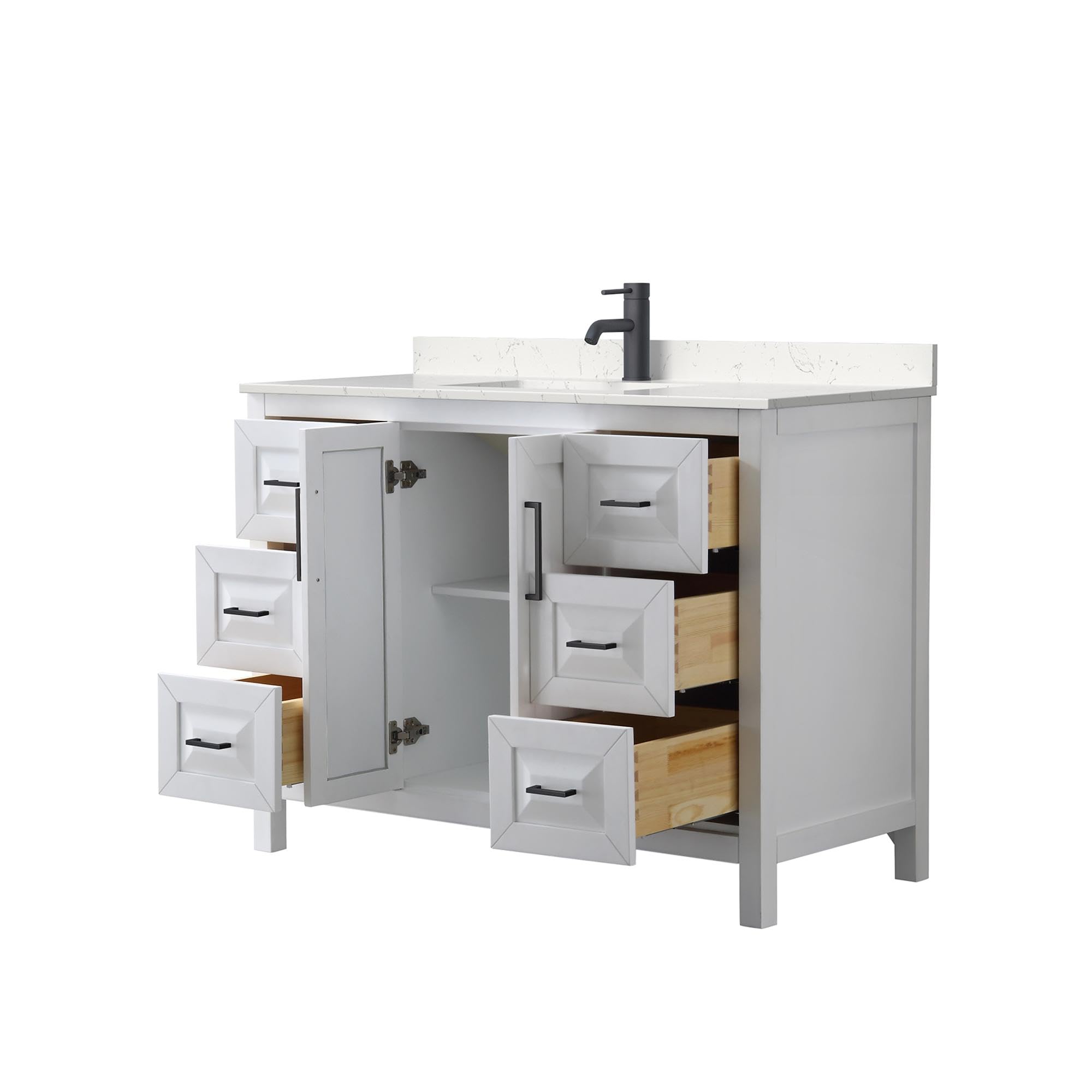 Wyndham Collection Daria 48 Inch White Bathroom Vanity with Light-Vein Carrara Cultured Marble Countertop & Undermount Square Sink - Matte Black Trim - Perfect for Modern Bathrooms, Master Suites & Home Renovations