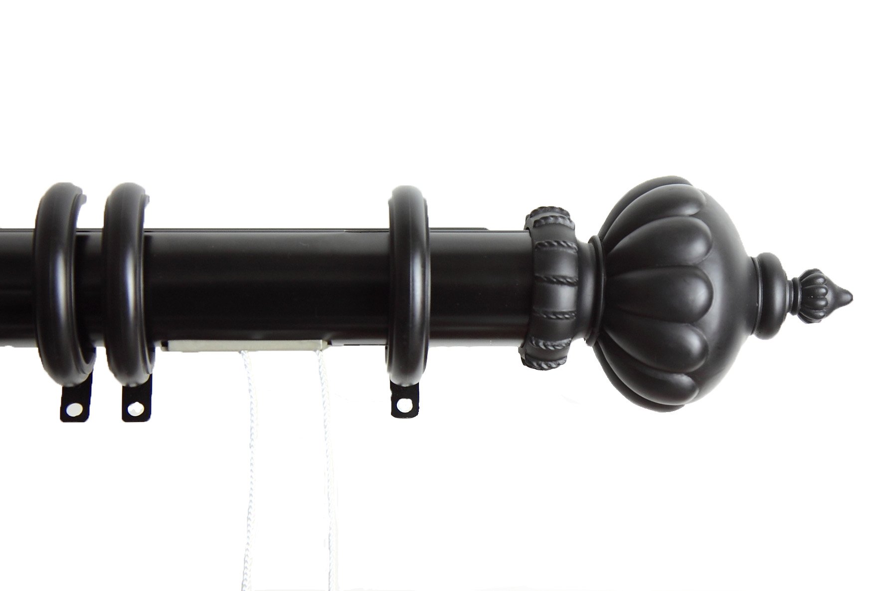 Decorative Traverse Curtain Rod with Rings & Nobel Finial - Adjustable 30 to 48 Inches - Black - Perfect for Living Room, Bedroom & Window Treatments