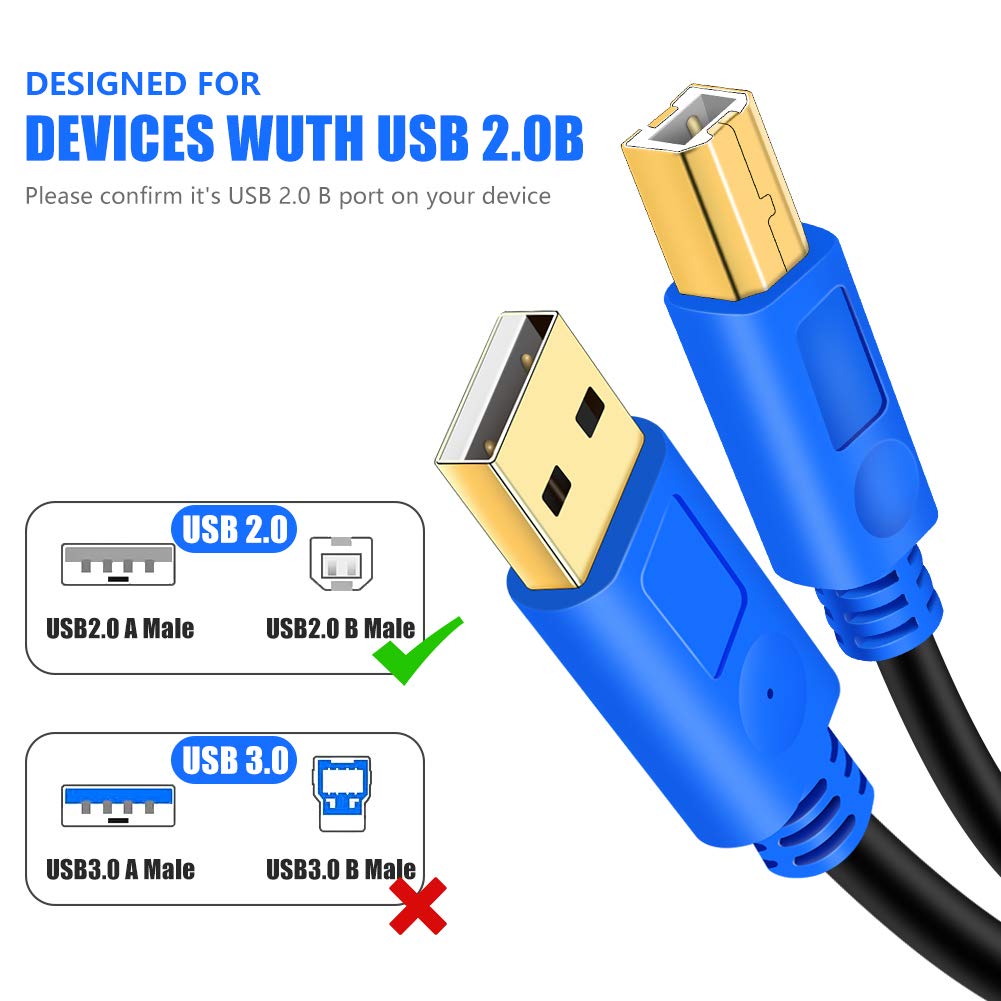 Hanprmee 30Ft USB 2.0 Printer Cable - High Speed Gold-Plated A Male to B Male Connector for HP, Canon, Lexmark, Dell, Xerox, Samsung Printers & Scanners - Durable Blue Cord for Office & Home Use