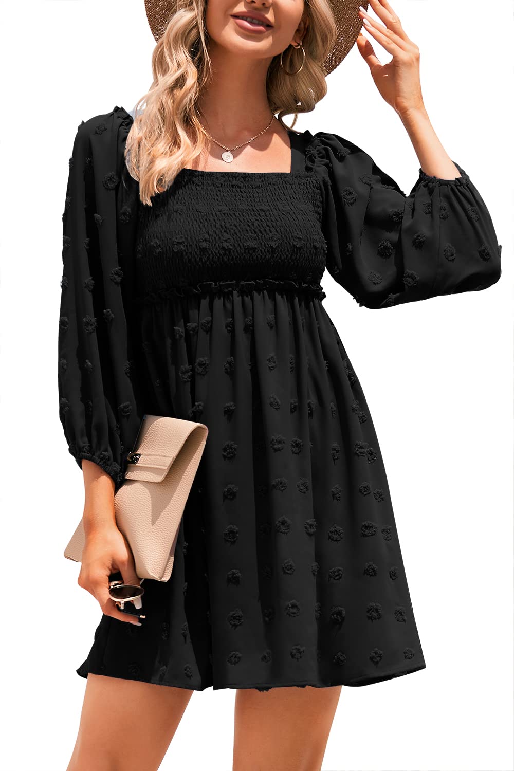 Coololi Women's Swiss Dot Floral Square Neck Boho Dress with Lantern Sleeves - Summer Tunic Sundress for Beach, Vacation & Casual Outings