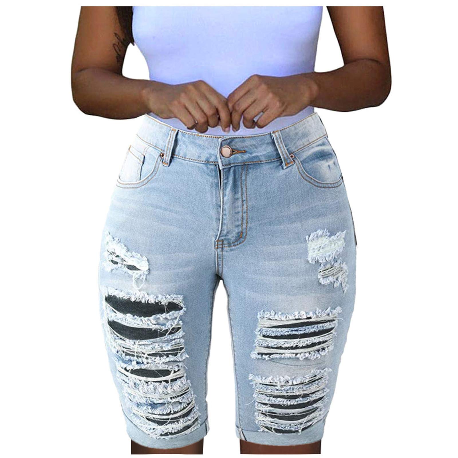 Women's High Waisted Denim Shorts with Pockets - Stretch Solid Jeans for Petite & Casual Summer Outfits | Perfect for Beach, Travel & Everyday Wear