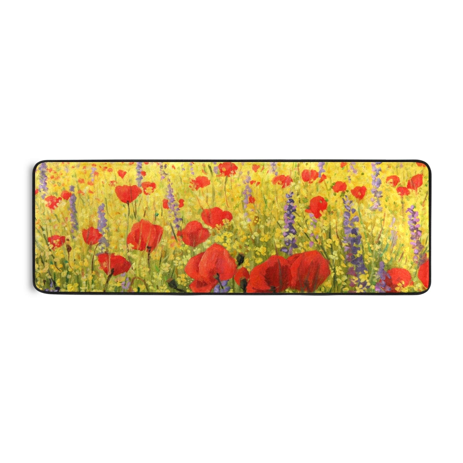 Non-Slip Red Poppies & Yellow Flower Field Kitchen Runner Rug 2'x6' - Soft Bathroom Carpet, Hallway Mat, Entryway Doormat for Home Decor (Perfect for Kitchens, Bathrooms, Entryways & High-Traffic Areas)