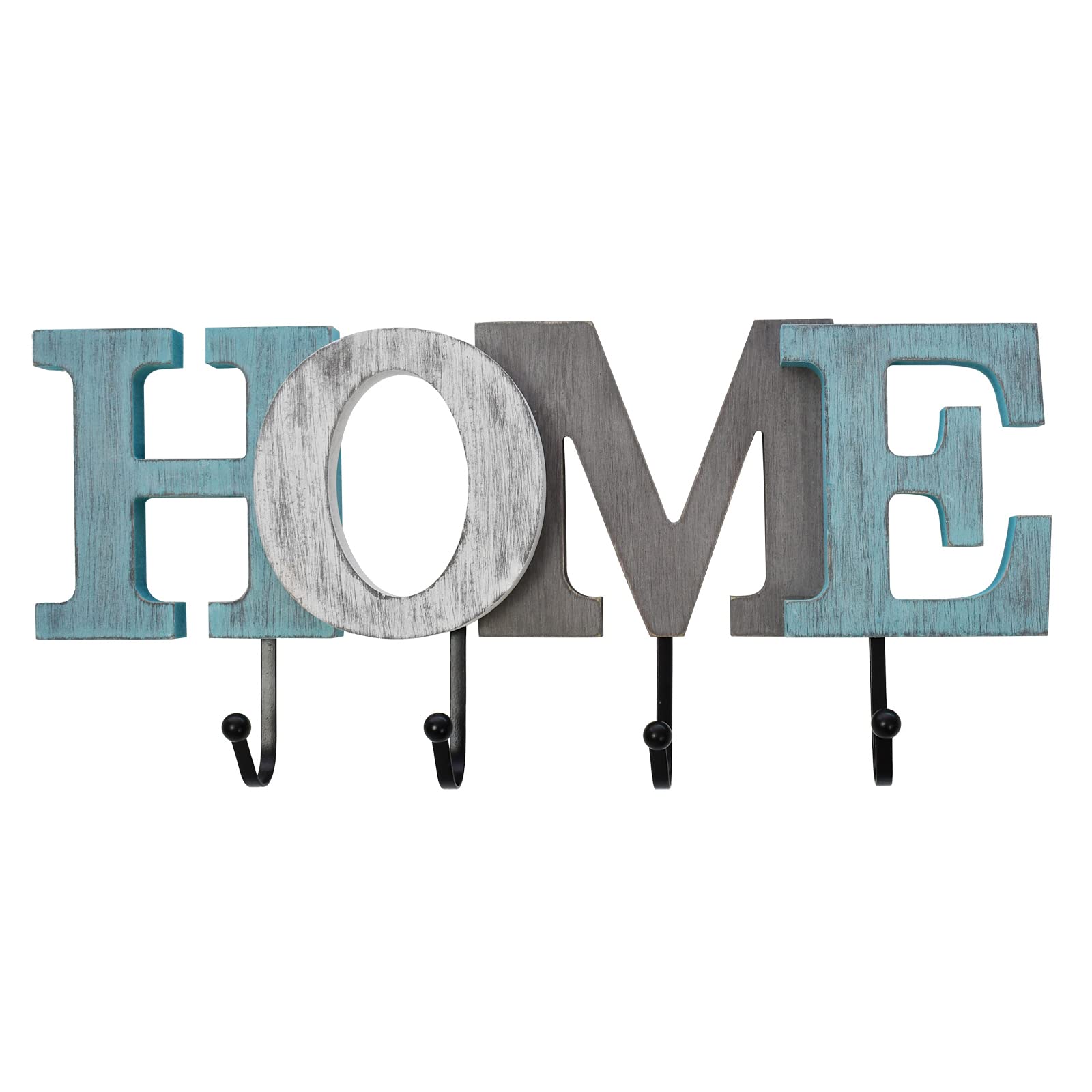 Rustic Teal Wooden Home Sign with Hooks - Wall Decor for Keys, Towels & Entryway Organization | Farmhouse Style Welcome Sign for Front Door, Kitchen or Bathroom