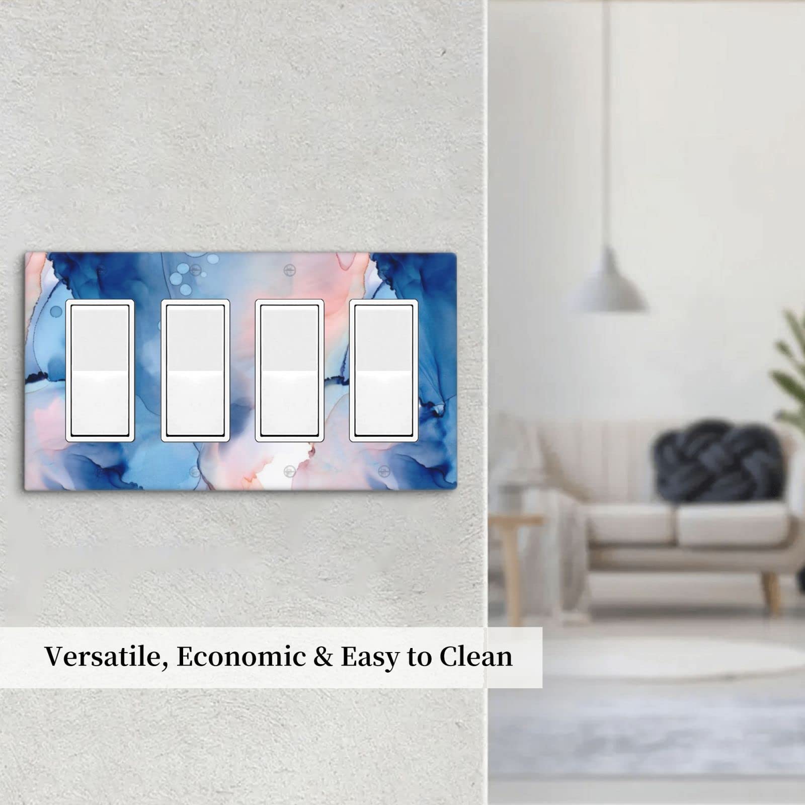 Navy Blue Pink Marble Quad Rocker Light Switch Cover - Decorative 4 Gang GFCI Electrical Outlet Wall Plate - Plastic Switch Plates for Bathroom, Bedroom & Home Decor | Perfect for Modern Interior Design and DIY Home Improvement Projects