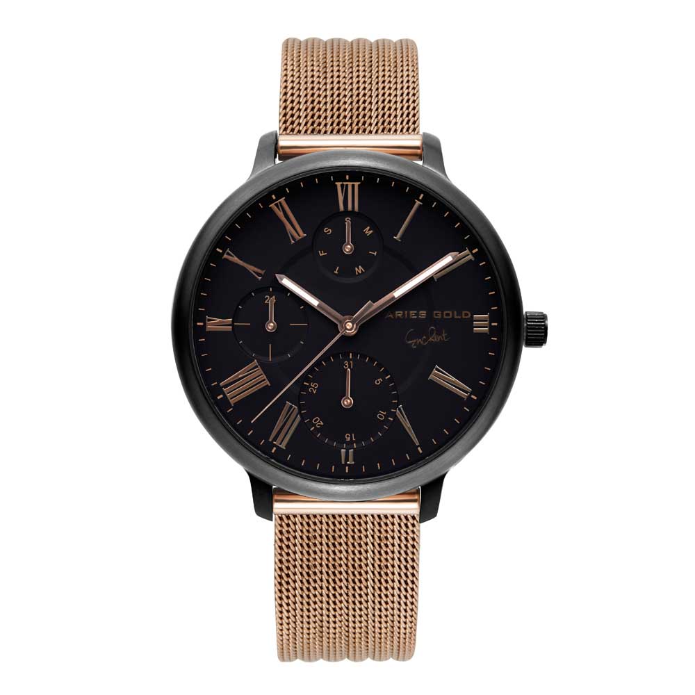 Aries Gold Voyage Black Stainless Steel Women's Watch with Rose Gold Mesh Strap - Model L 5034 BK BK - Perfect for Casual Wear, Office & Special Occasions
