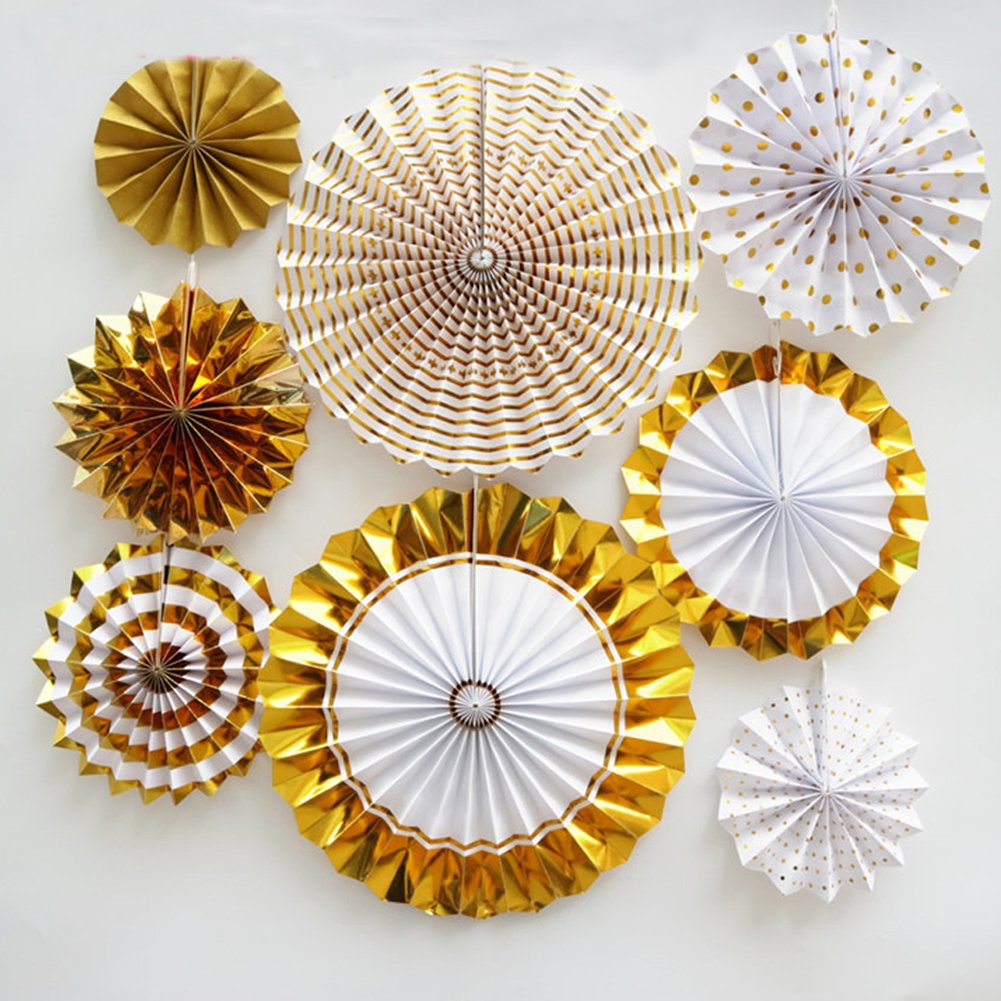 8 Pack Gold Glitter Hanging Garland Fans - Perfect for Birthday, Wedding, Baby Shower, Bridal & Valentine's Day Party Decorations | Elegant Paper Fan Decor for Girls' Events & Home Celebration