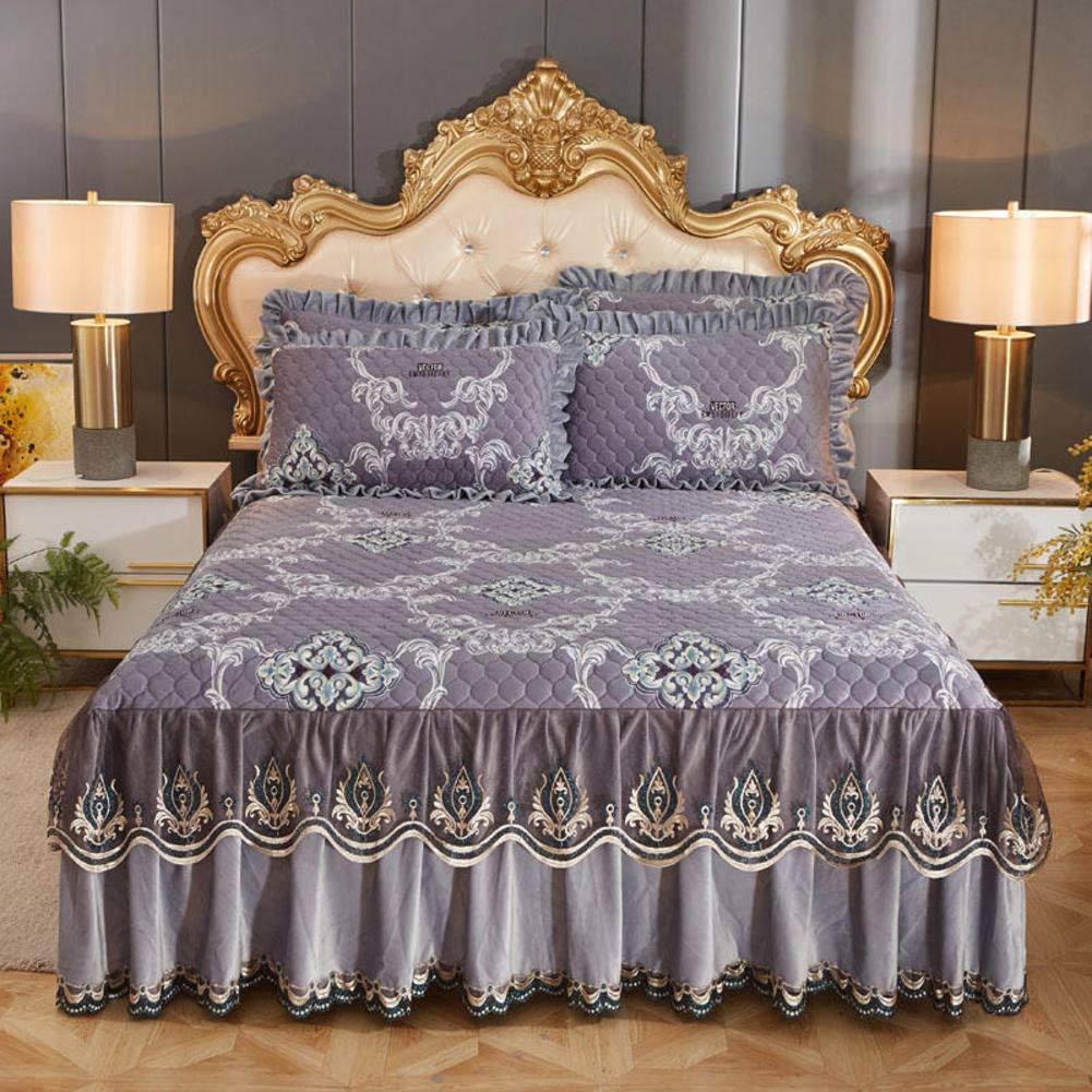 Elegant Princess Lace Ruffle Bed Skirt - Soft Flannel Printed Wrap Around Dust Ruffle Valance - Non-Slip Wrinkle-Free Fitted Sheet for Queen Size Beds (200x220cm/79x87inch) - Perfect for Nursery, Guest Room & Master Bedroom Decor