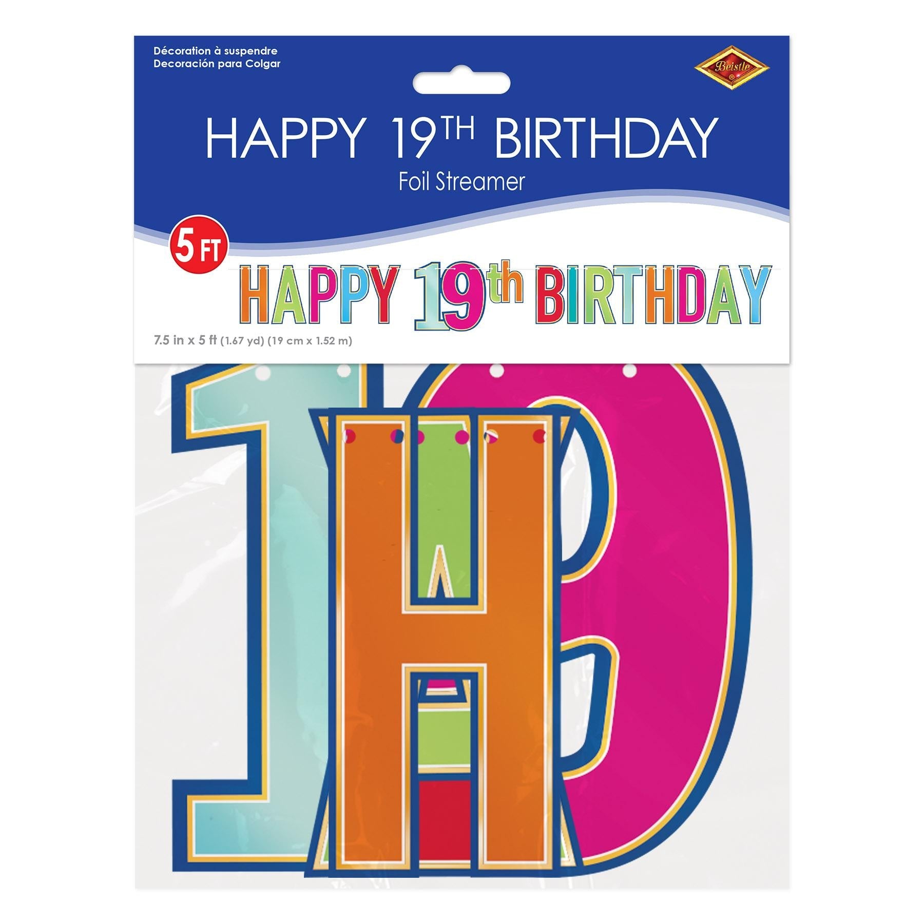 12 Pack Beistle Foil Happy 19th Birthday Streamers - Multi Color Party Decorations for Birthday Celebrations, Graduations & Special Events