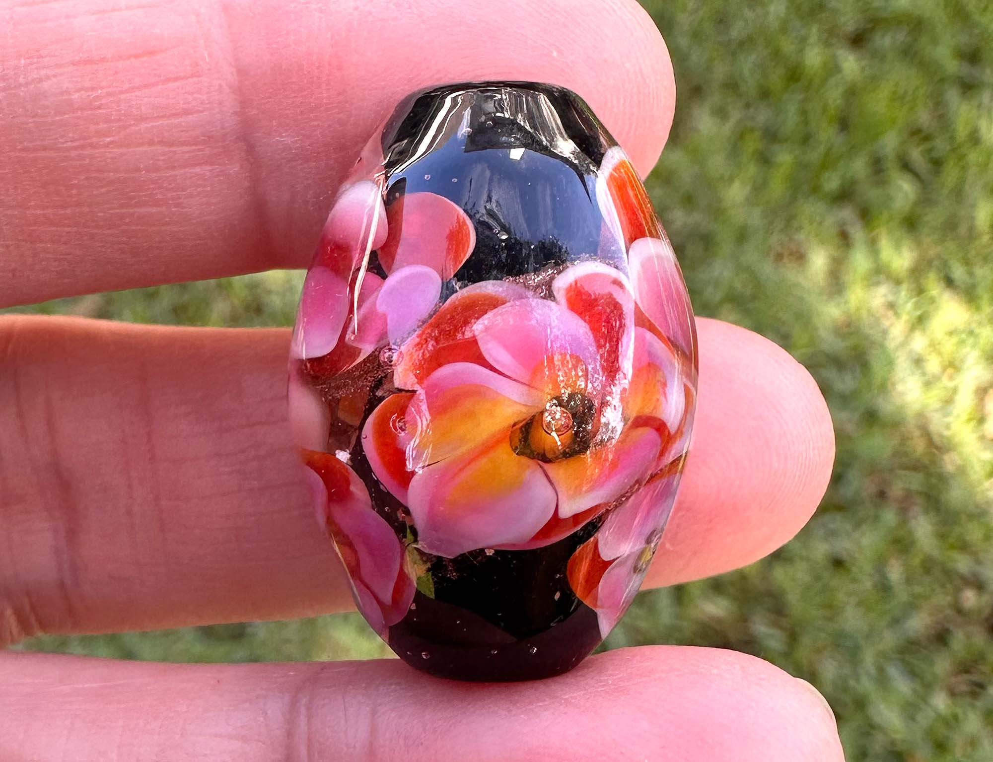 Tropical Bliss Pink Floral Lampwork Focal Bead SRA - Handmade Glass Bead for Jewelry Making, DIY Crafts, Necklace & Bracelet Designs - Perfect for Bohemian Style, Beach Wedding & Summer Accessories
