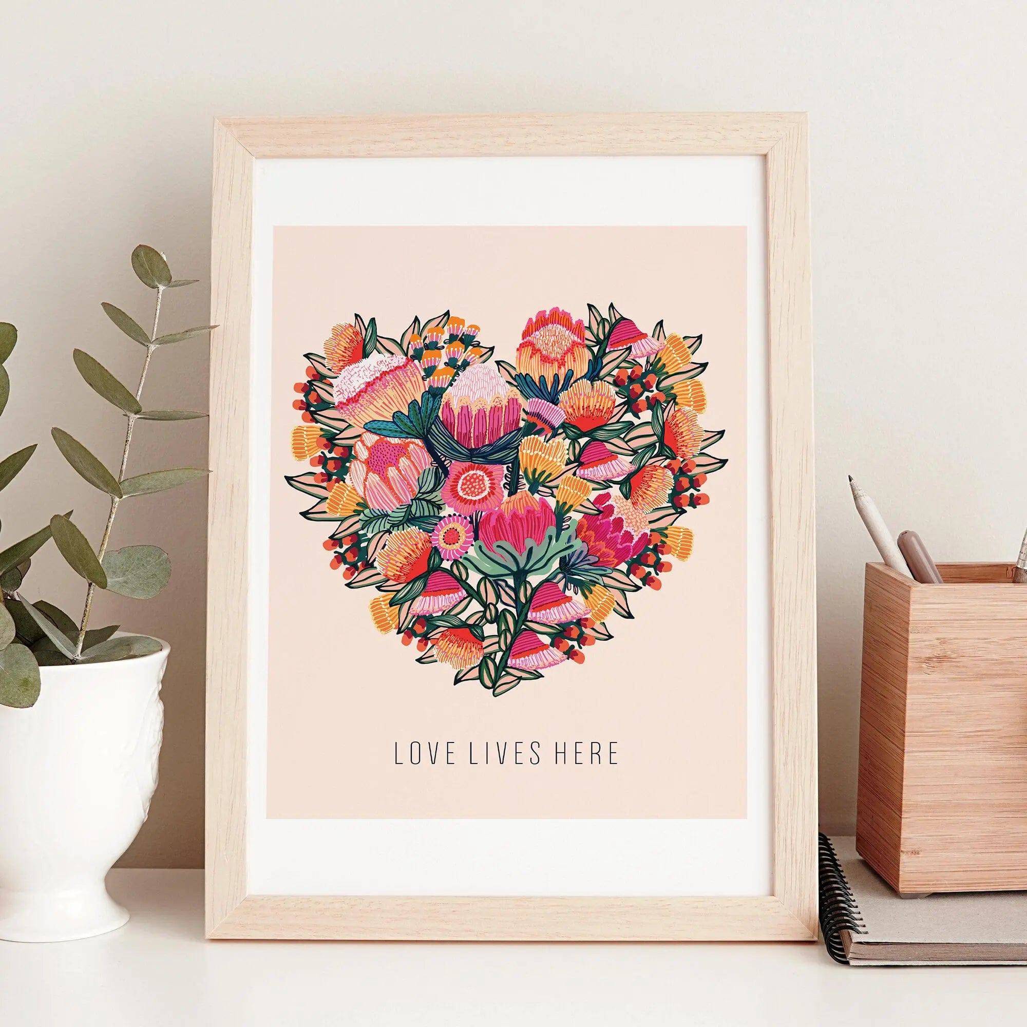 Love Lives Here Floral Heart Art Print - Beautiful Wall Decor for Home, Bedroom & Office - Perfect Gift for Valentine's Day, Wedding & Housewarming