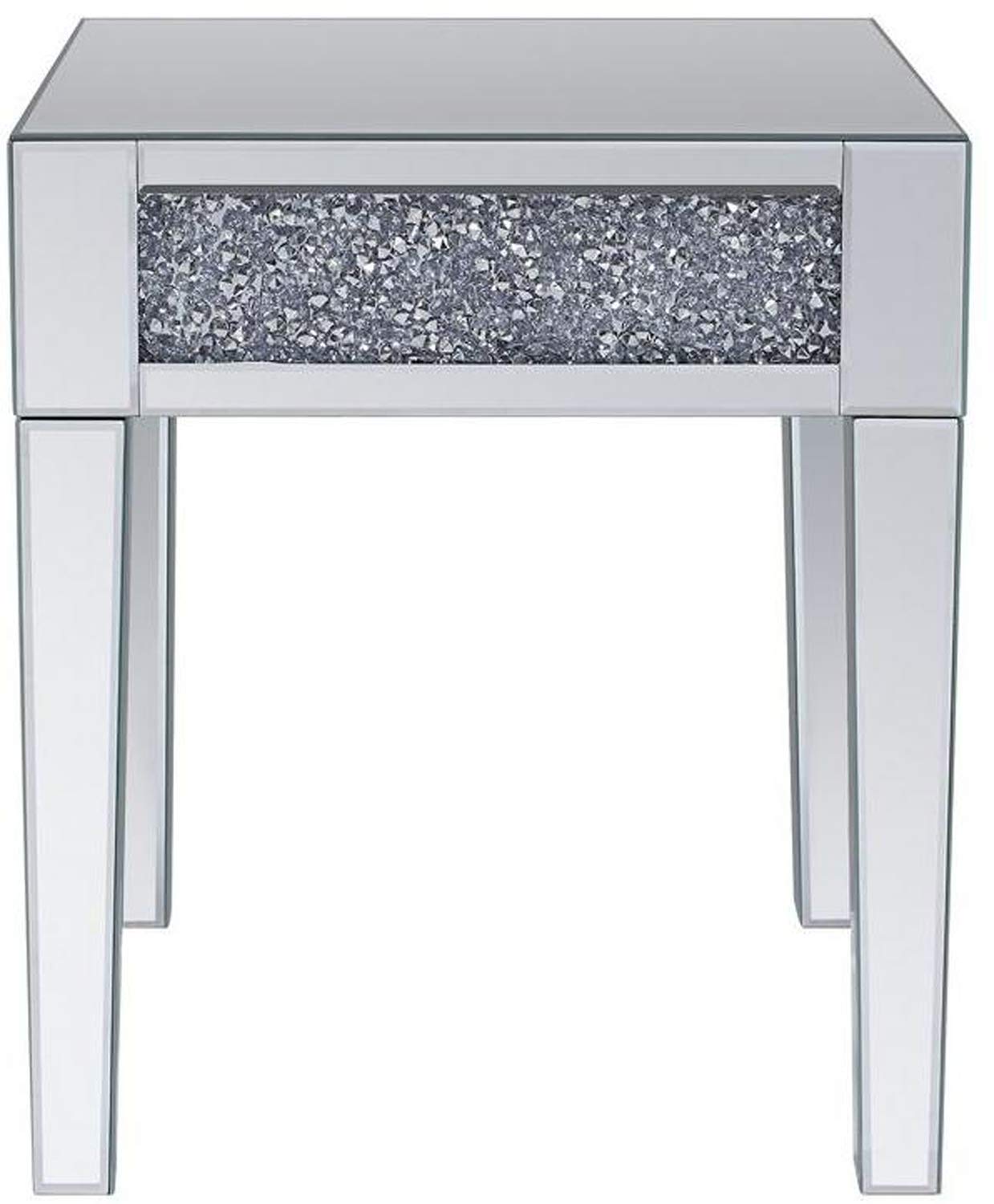Benjara Wood and Mirror End Table with Faux Crystals Inlay - Clear Glass Accent Table for Living Room, Bedroom & Entryway Decor
