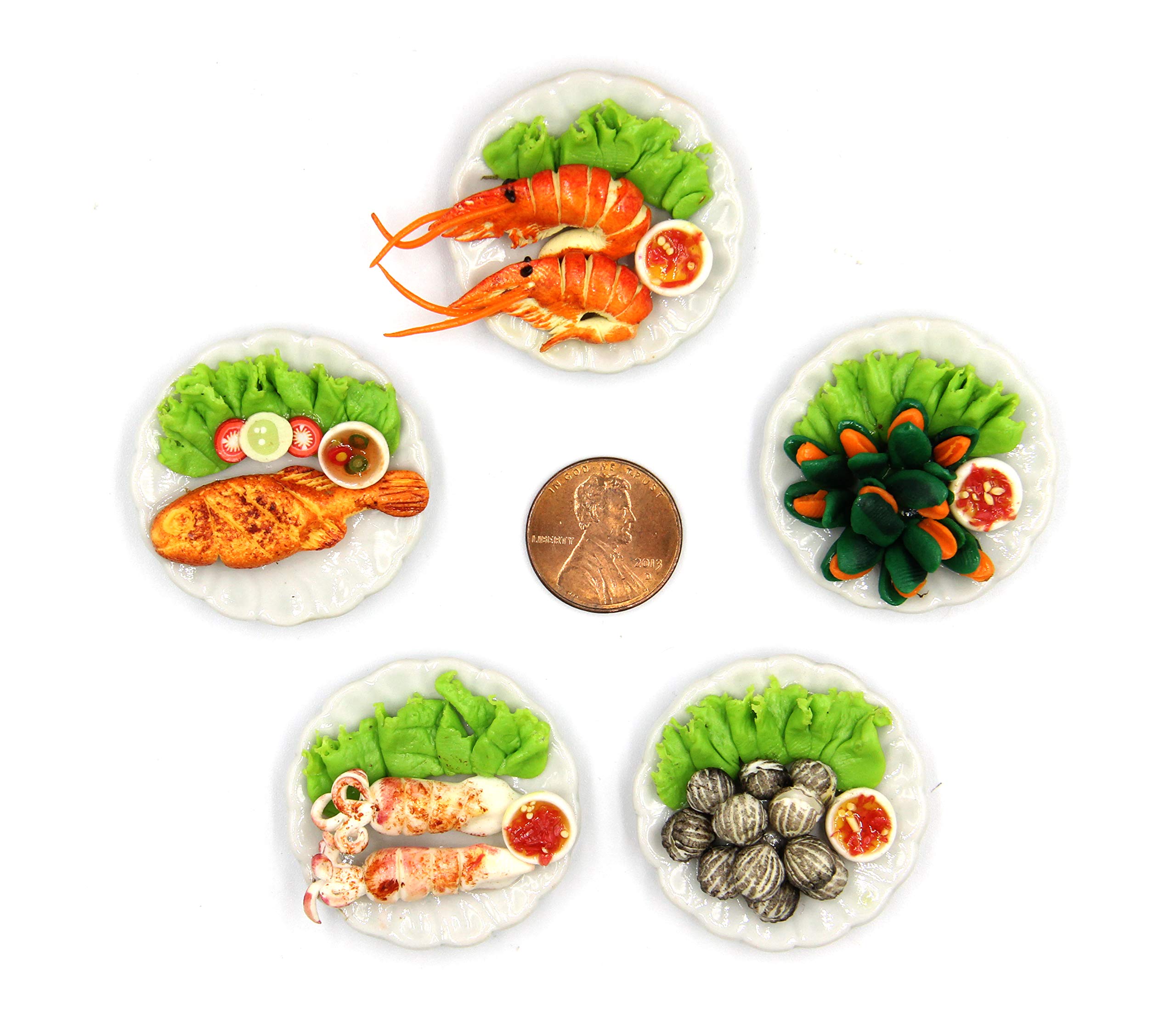 Magma Brick 5-Piece Assorted Miniature Dollhouse Food Set - Tiny Collectible Seafood Grilled Items for DIY Scenes, Model Displays & Gift Giving