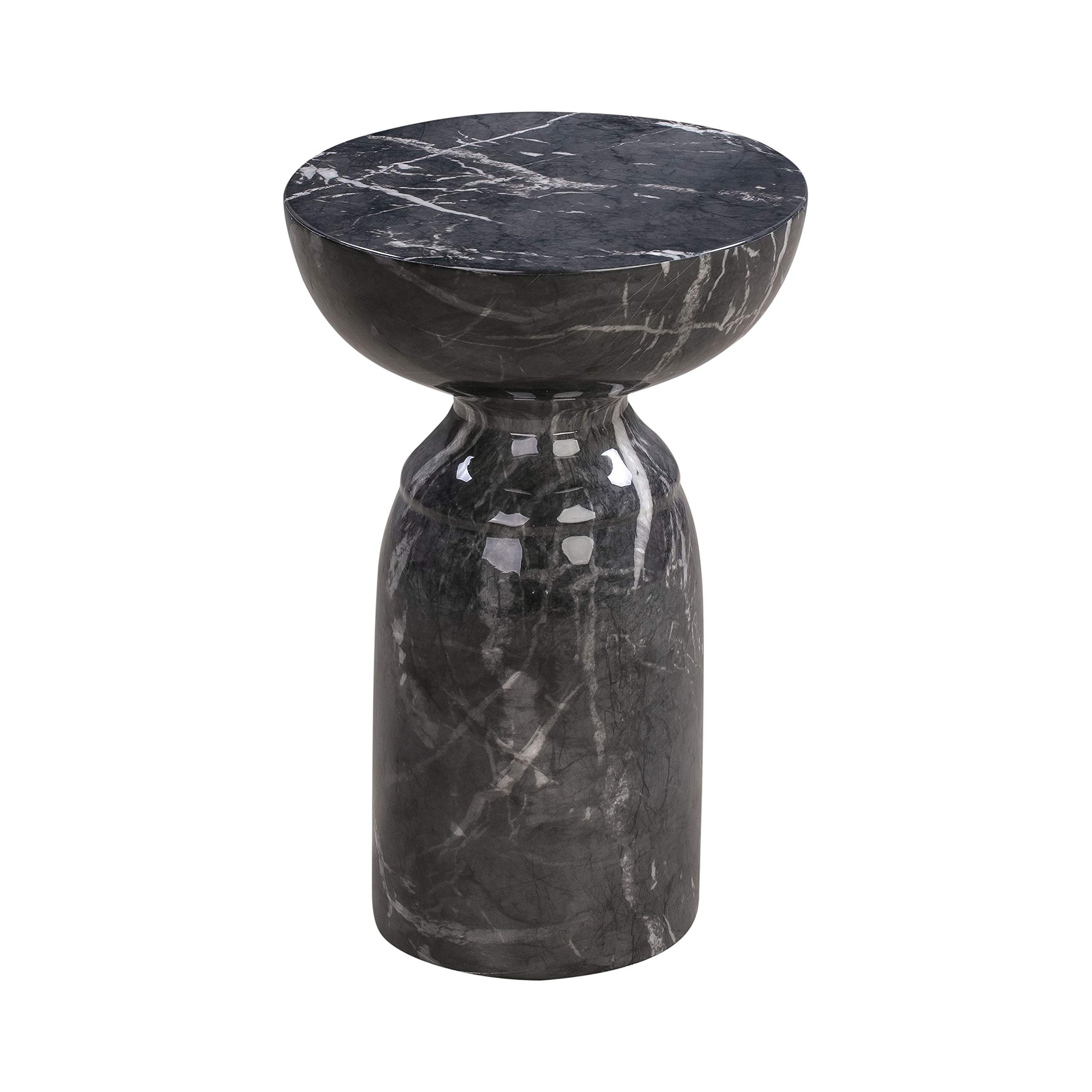 Glamorous Black Marble Side Table - Round Handmade Concrete Accent Table with Glossy Finish | Perfect for Living Room, Bedroom & Office Decor