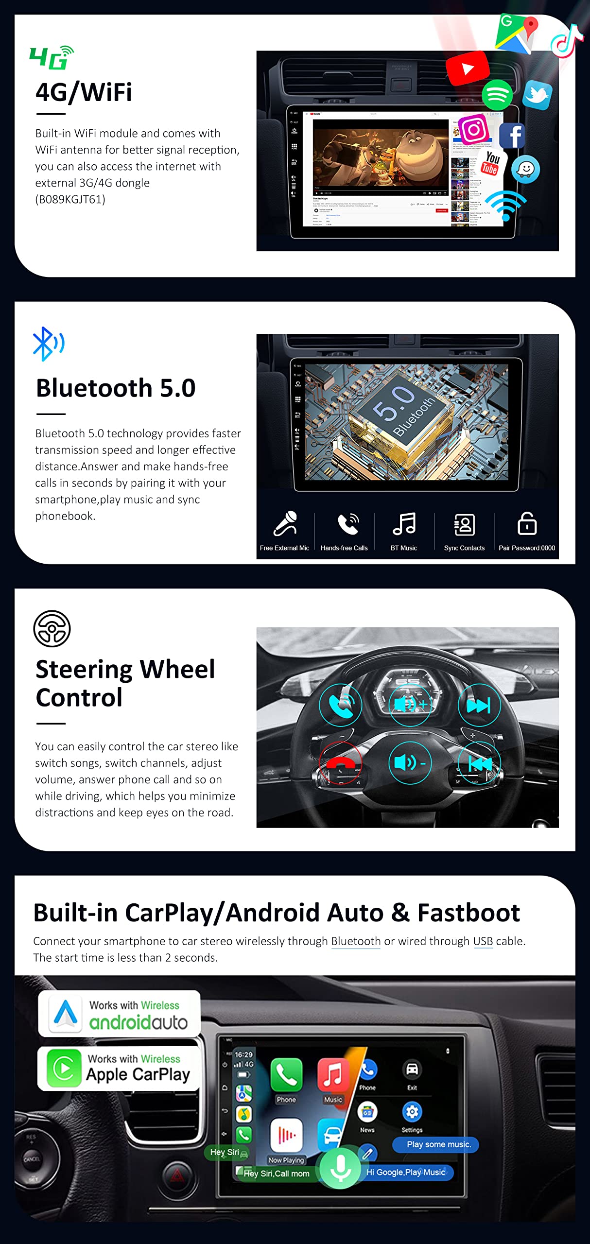 BXLIYER Android 12 Car Stereo 7 Inch 2 Din for VW Golf Skoda Seat Passat Polo - Wireless CarPlay & Android Auto - 2GB RAM 32GB ROM - Fast Boot DSP - Includes Rear Camera & Microphone - Perfect for Hands-Free Calling & Navigation