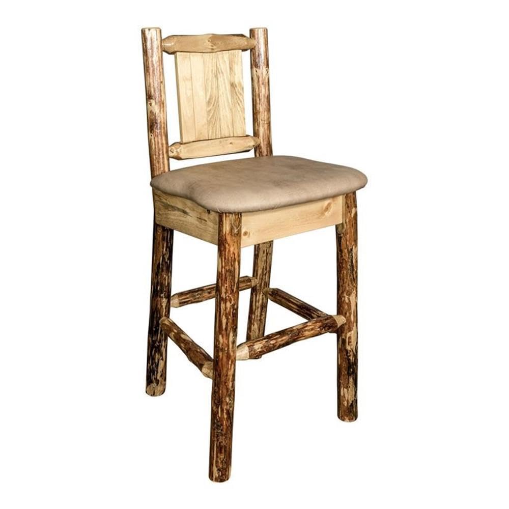 Montana Woodworks Glacier Country Collection Counter Height Barstool with Back - Buckskin Upholstery & Laser Engraved Bronc Design - Perfect for Kitchen Islands, Home Bars, and Rustic Dining Areas