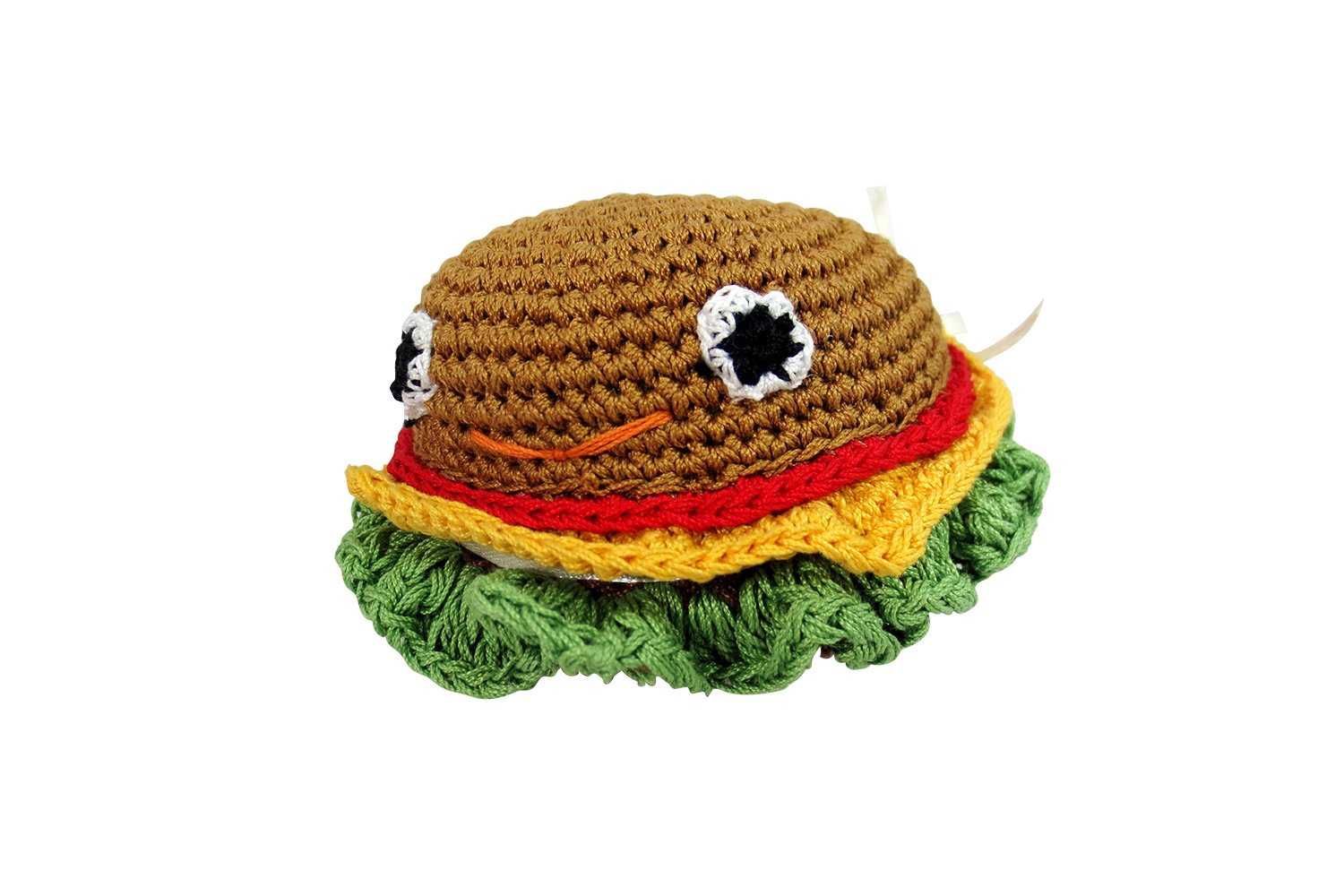 Dental Chew Dog Toy for Small Dogs - Cotton Crochet Squeaky Cheeseburger Toy for Teeth Cleaning | Puppy Teething & Interactive Play
