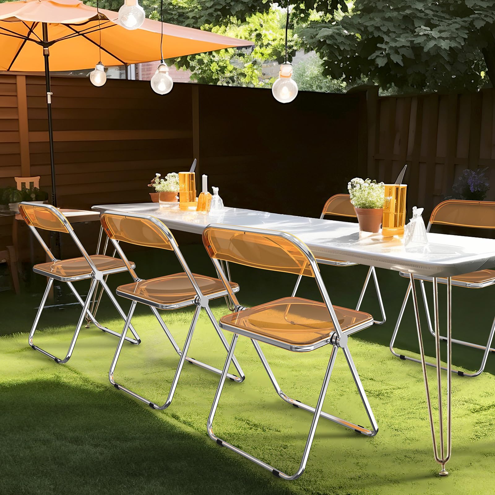 VINGLI 2 Pack Clear Acrylic Folding Chairs - Stackable Plastic Chairs with Metal Chrome Frame, 350 lbs Weight Capacity - Perfect for Patio, Wedding, Banquet & Outdoor Events