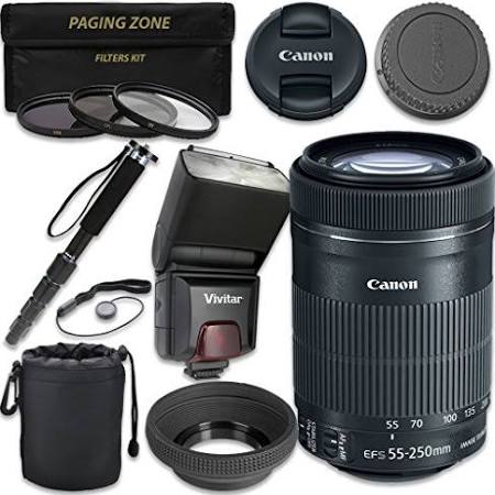 Canon EF-S 55-250mm f/4-5.6 IS STM Telephoto Zoom Lens with Vivitar TTL Flash, 3-Piece Filter Kit & Monopod - Perfect for Portrait, Wildlife & Travel Photography