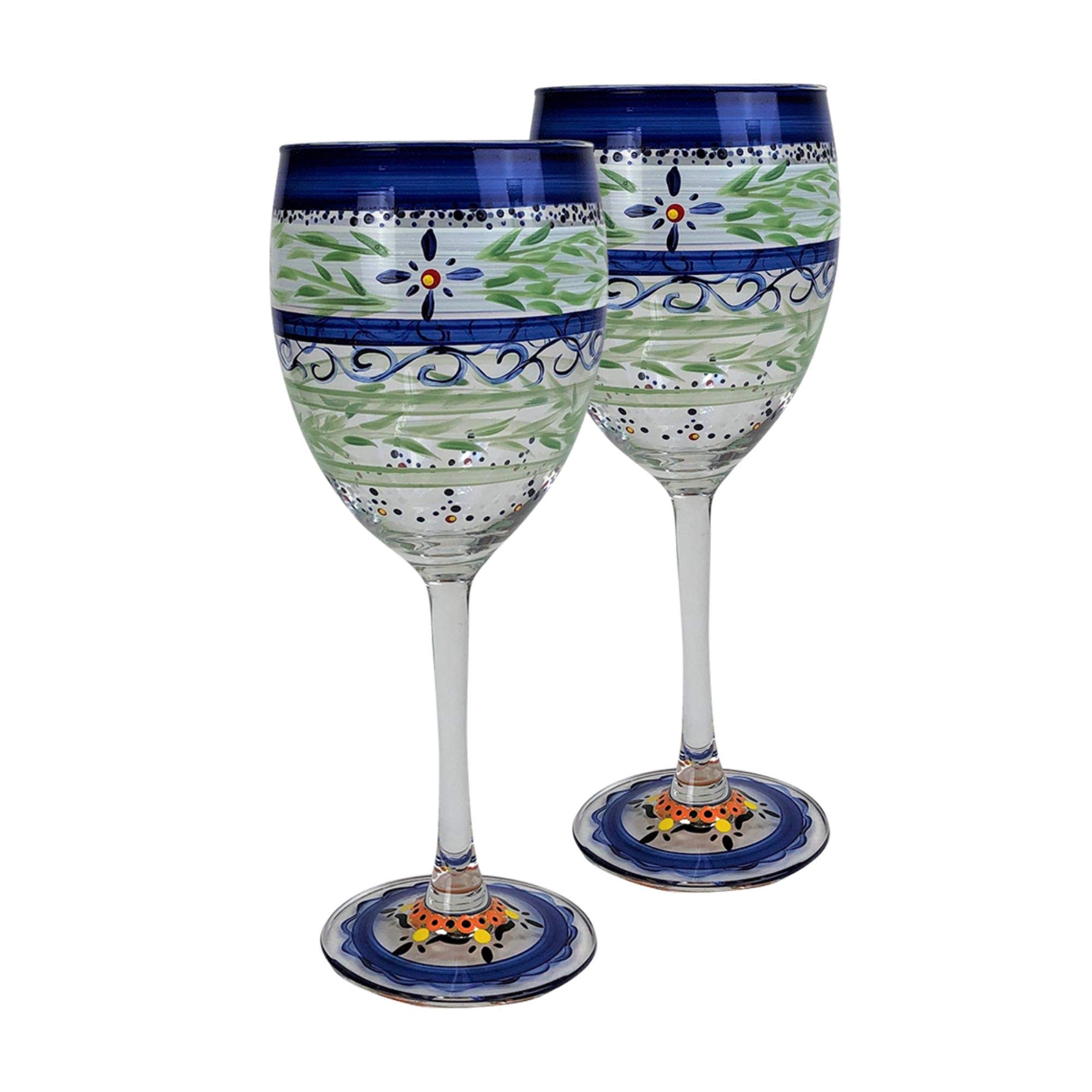 Set of 2 Blue Floral Hand Painted Wine Glasses - 10.5oz Elegant Stemware for Wedding, Party & Home Decor - Perfect for Champagne, Cocktails & Gifts