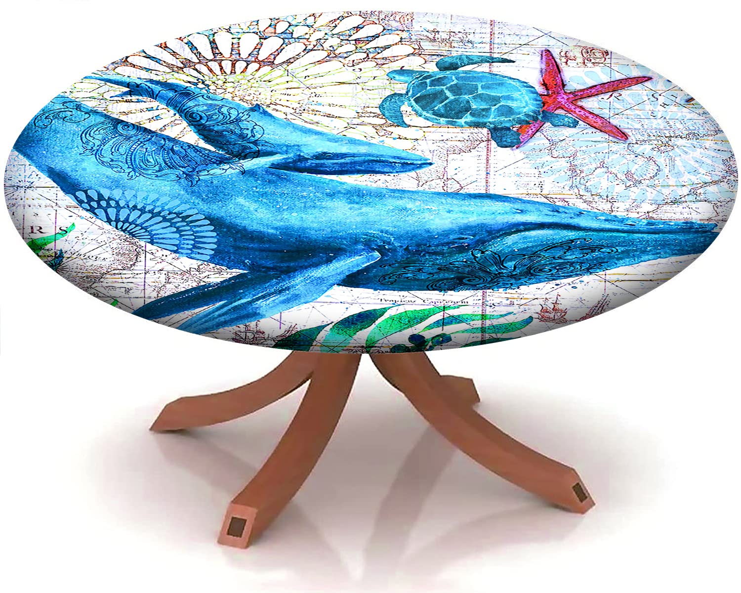 Whale & Sea Turtle Themed Elastic Edge Round Tablecloth - Stretch Fits 28