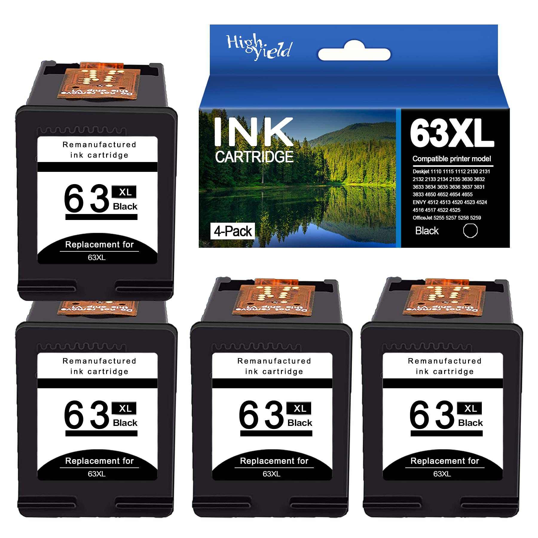 4 Pack Black Remanufactured 63XL Ink Cartridges - Compatible with HP Deskjet 1110/2135/3635/4652/4654/4655, Envy 4512/4513/4520/4523/4517/4522/4525, OfficeJet 5255/5257/5259 Printers - High-Quality Replacement for Home & Office Printing