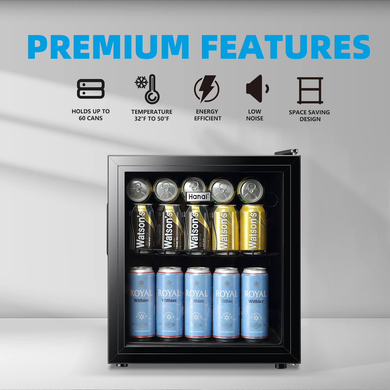 WANAI 60 Can Mini Fridge with Glass Door - Compact Beverage Cooler for Beer, Wine & Juice - Adjustable Shelves & LED Lighting - Perfect for Home, Office, Bar or Dorm Room - Energy Efficient Small Refrigerator for Drinks Storage