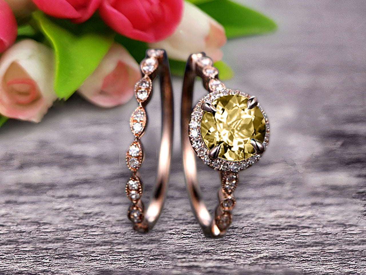 1.75 Carat Round Cut Champagne Diamond Moissanite Engagement Ring Set in 10k Rose Gold with Matching Wedding Band - Elegant Bridal Set for Proposals, Anniversaries & Special Occasions