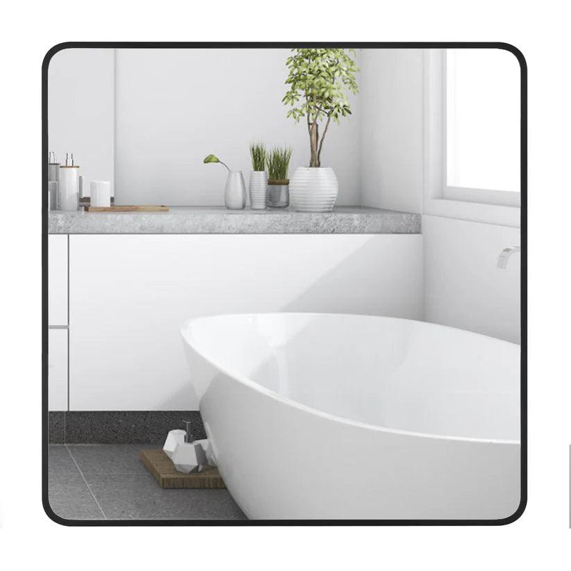 Modern Black Aluminum Framed Wall Mirror - Sleek Soft Corner Design for Living Room, Bedroom & Bathroom Decor | Home & Office Interior Accent Mirror