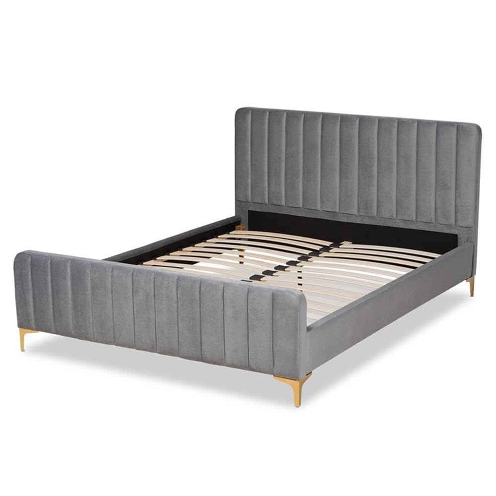 BOWERY HILL Grey Fabric Upholstered Queen Size Platform Bed with Gold Finish - Modern Bedroom Furniture for Small Spaces & Guest Rooms