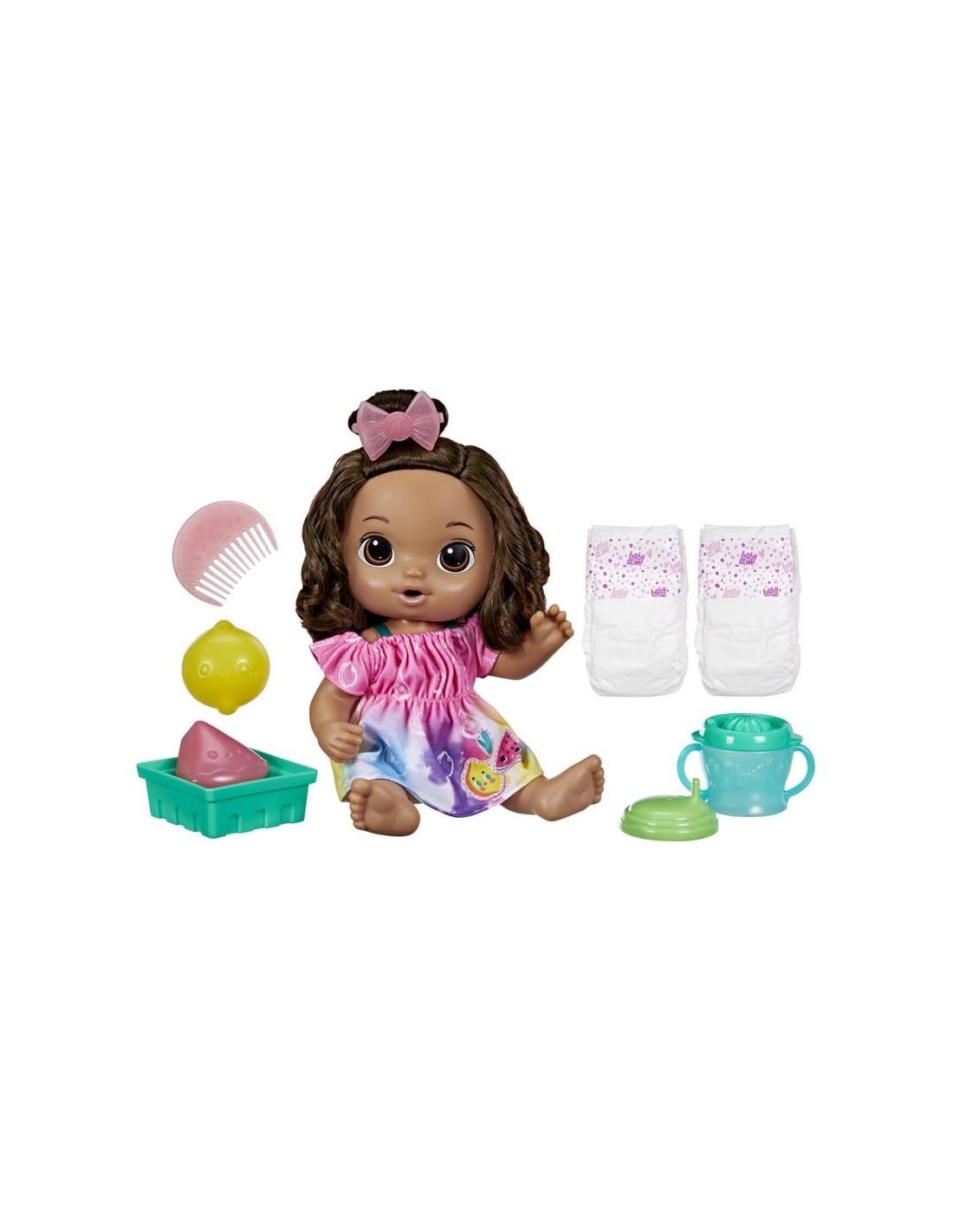 Baby Alive Fruity Sips Lemon Doll - 12-inch Interactive Baby Doll with Drink & Wet Feature, Pretend Juicer Toy for Girls Age 3+ (Brown Hair) - Perfect for Imaginative Play, Role Play & Gift Giving