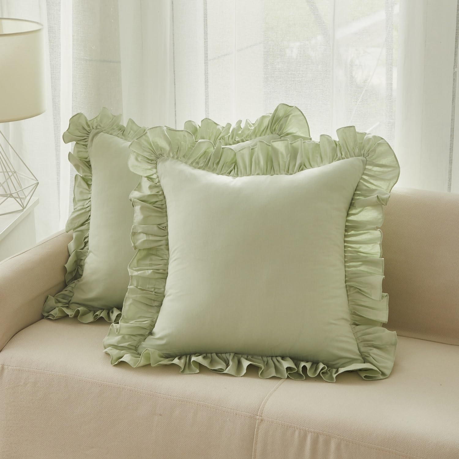 Lemfux Decorative Pillow Covers - Set of 2 Green Euro Shams 20x20 Inch, 100% Cotton Shabby Chic Pillowcases for Sofa, Bed & Couch - Coquette Style Home Decor