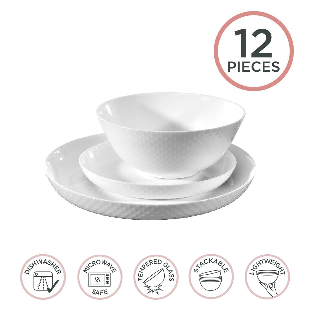 Premium Diamond White 12-Piece Dinnerware Set - Elegant Porcelain Plates, Bowls & Cups - Perfect for Formal Dining, Wedding Gifts & Holiday Entertaining