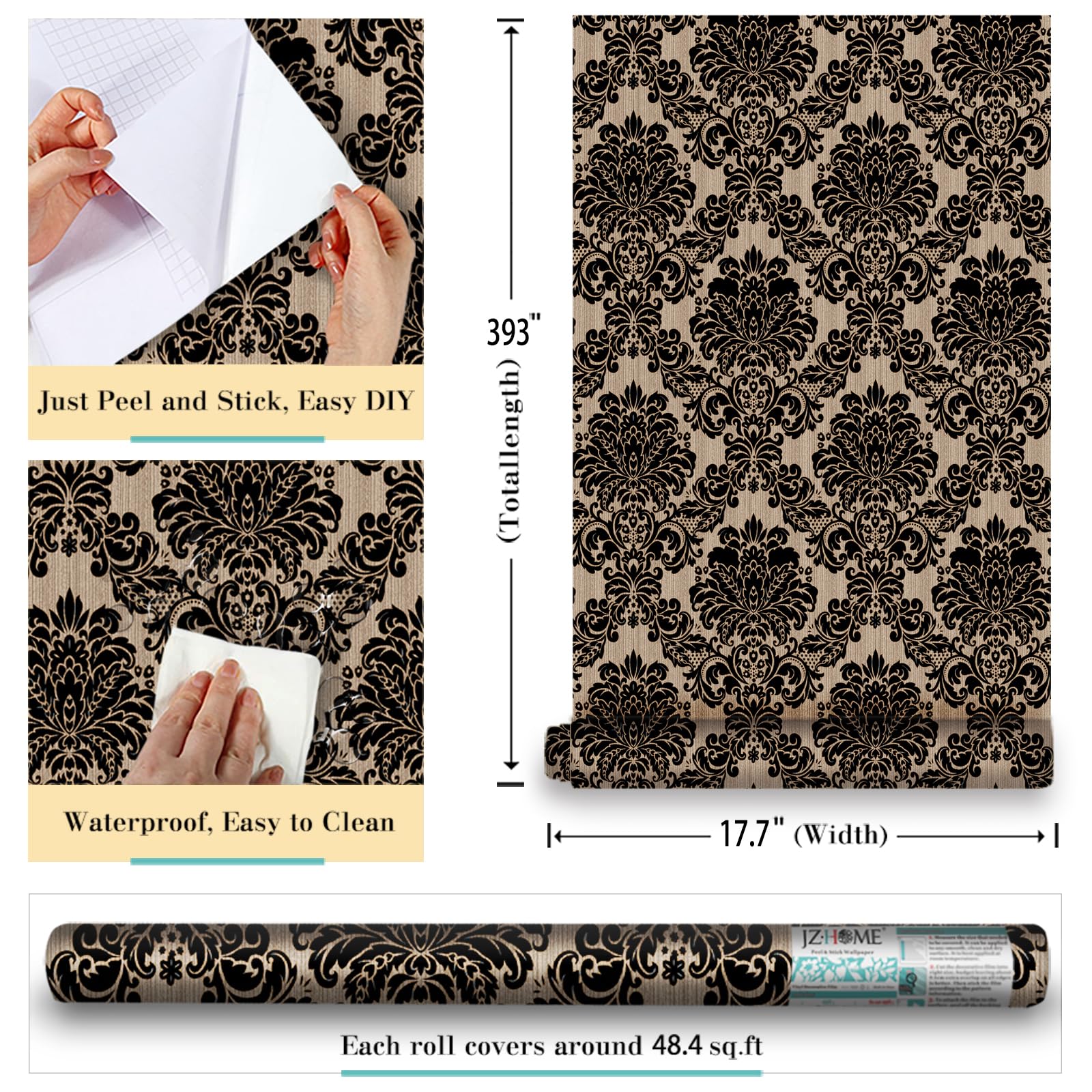 9148-10M Damask Peel and Stick Wallpaper - 17.7