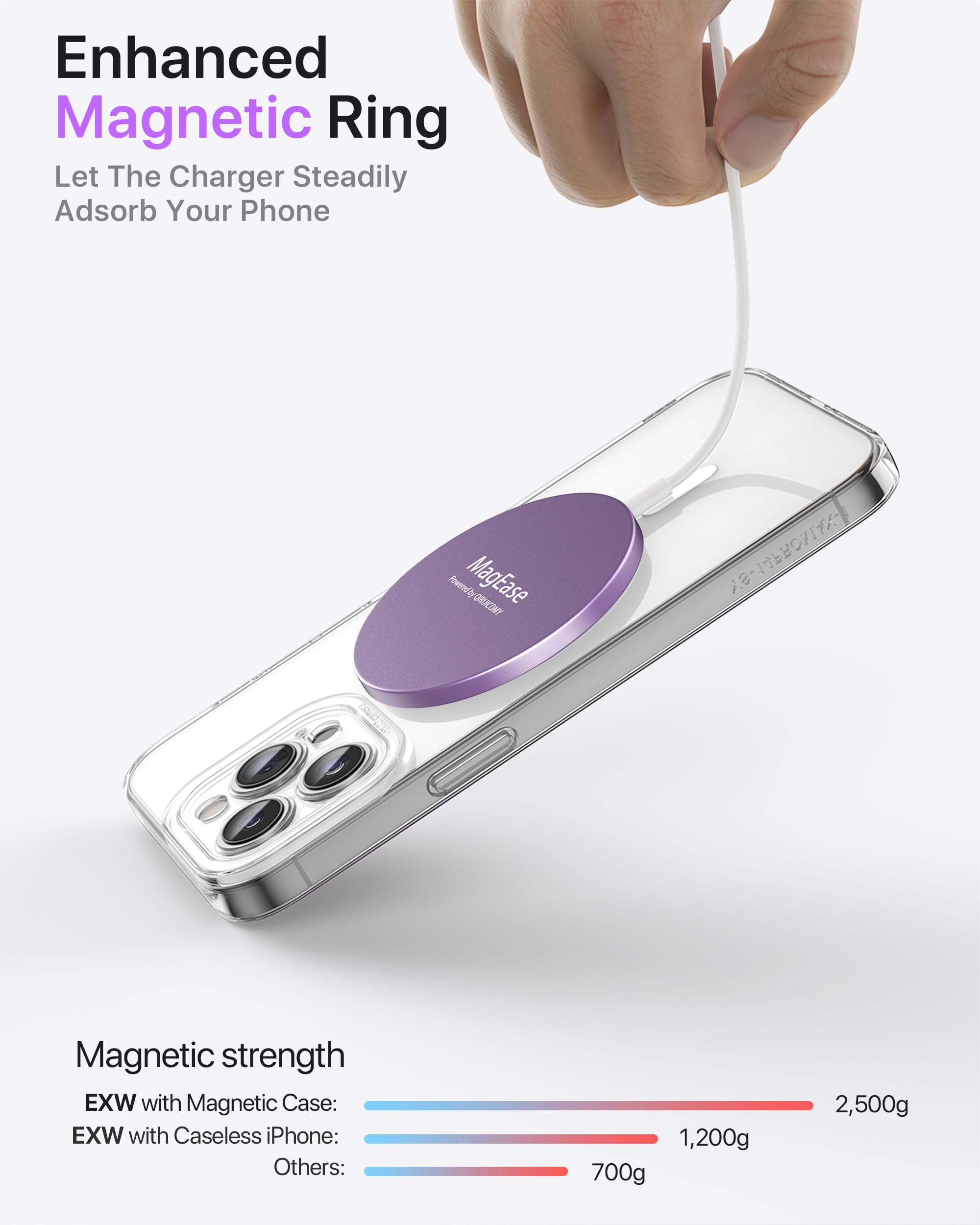 EXW Magnetic Wireless Charger for iPhone 16/15/14/13/12 Series & AirPods 3/2/Pro/Pro 2 - Fast Qi-Certified Magsafe Charging Pad (Purple) | Perfect for Home, Office & Travel Charging