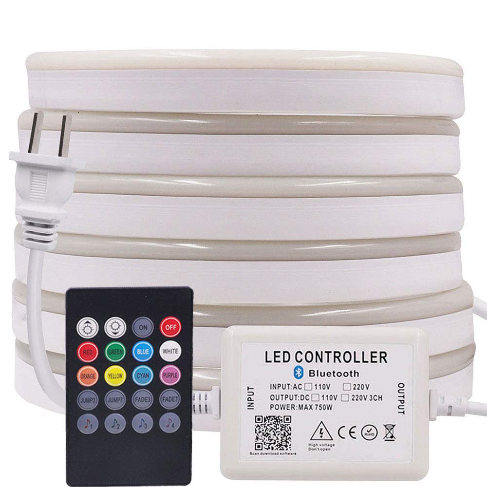 XUNATA 30ft RGB LED Neon Rope Light with Bluetooth Remote Control - 5050 60 LEDs/m, Dimmable, Waterproof IP65, 110-130V AC - Perfect for Commercial Buildings, Outdoor Decor, Bars, and Party Lighting (9m)